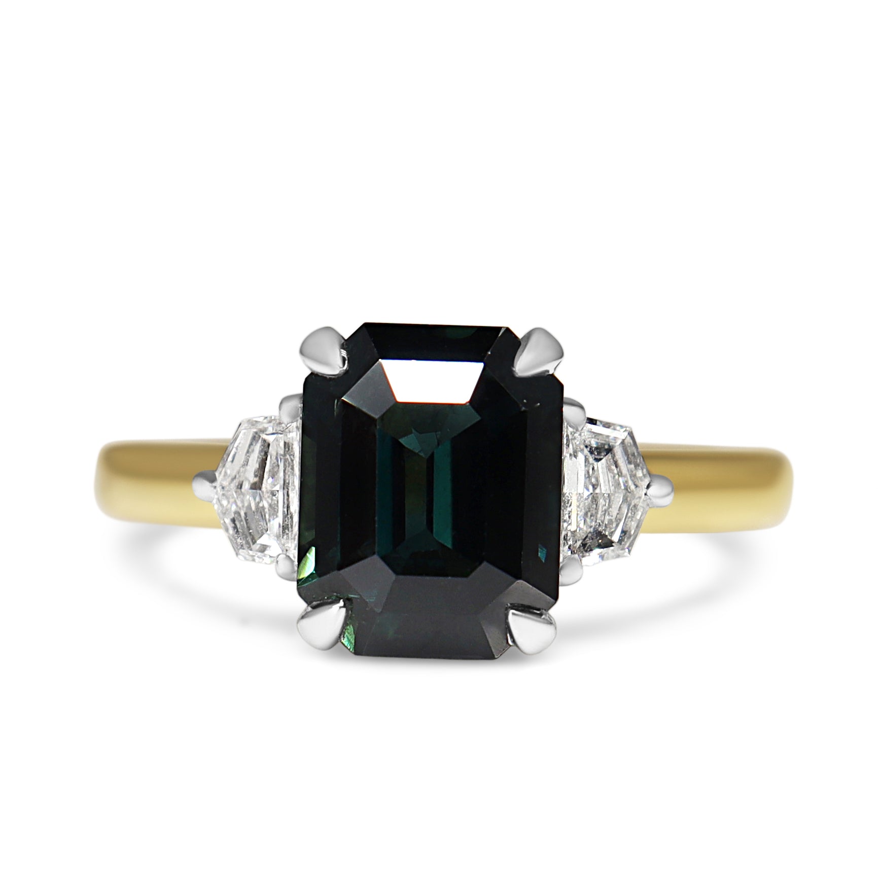 18ct Yellow and White Gold Emerald Cut Teal Sapphire and Cadillac Diamond 3 Stone Ring