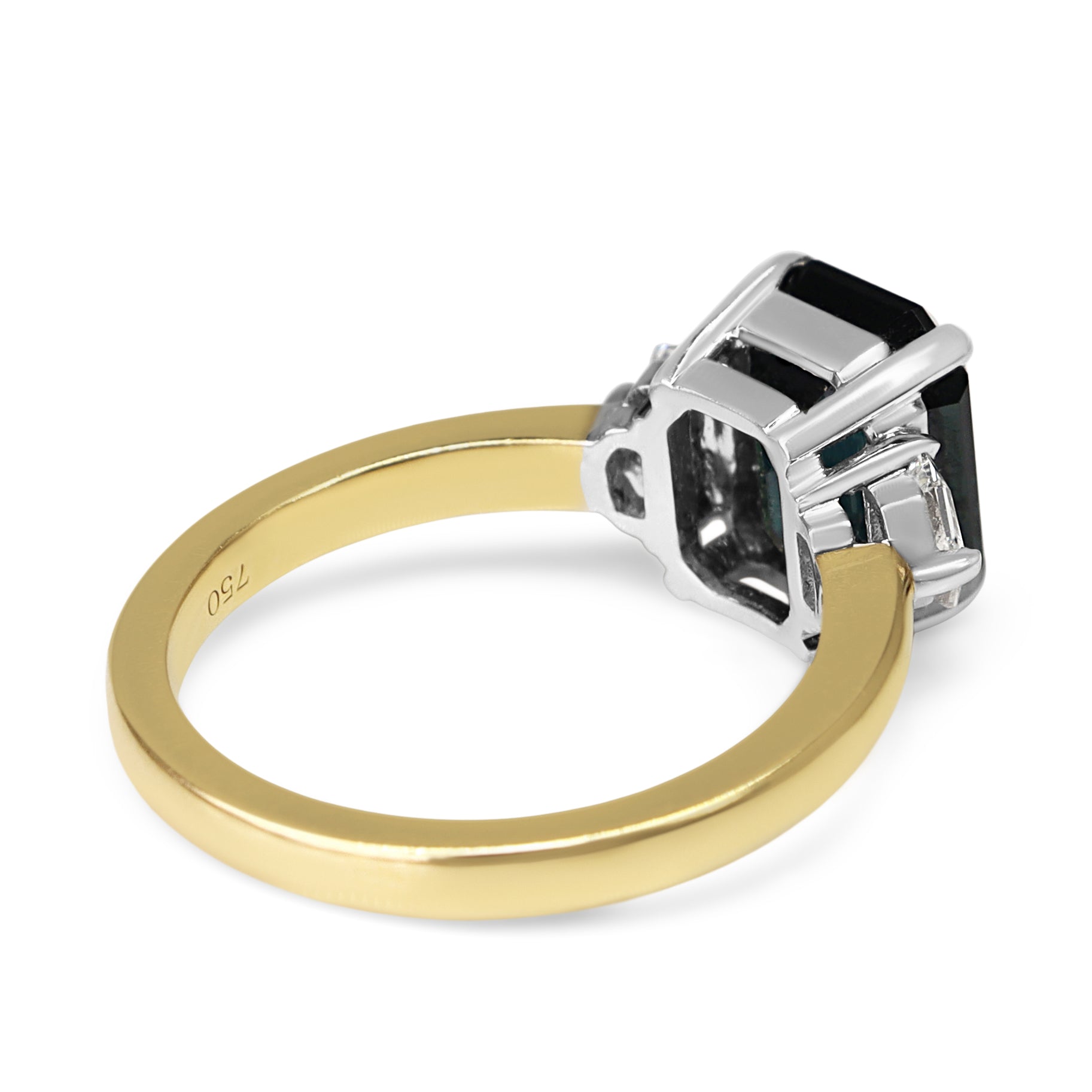18ct Yellow and White Gold Emerald Cut Teal Sapphire and Cadillac Diamond 3 Stone Ring