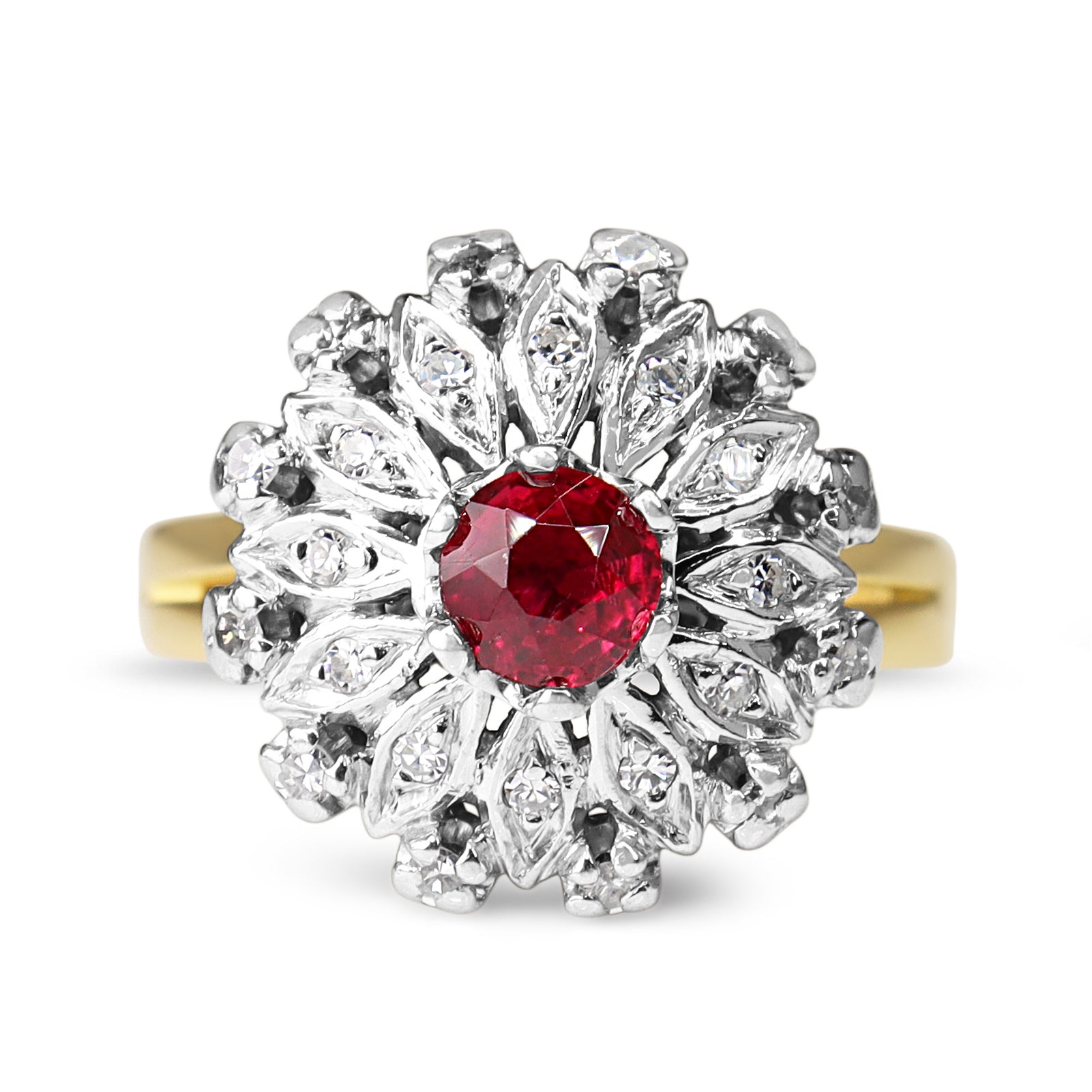 18ct Yellow Gold and Palladium Ruby and Single Cut Diamond Vintage Cluster Ring