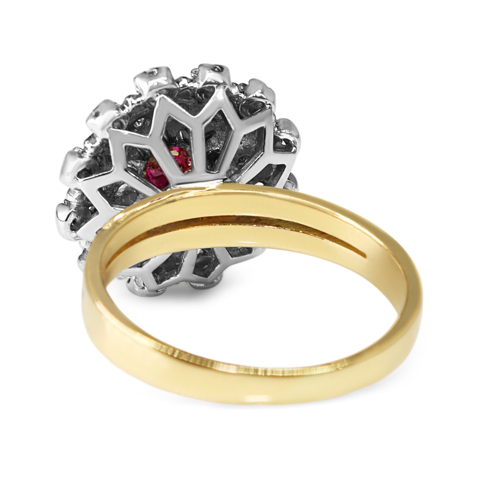 18ct Yellow Gold and Palladium Ruby and Single Cut Diamond Vintage Cluster Ring