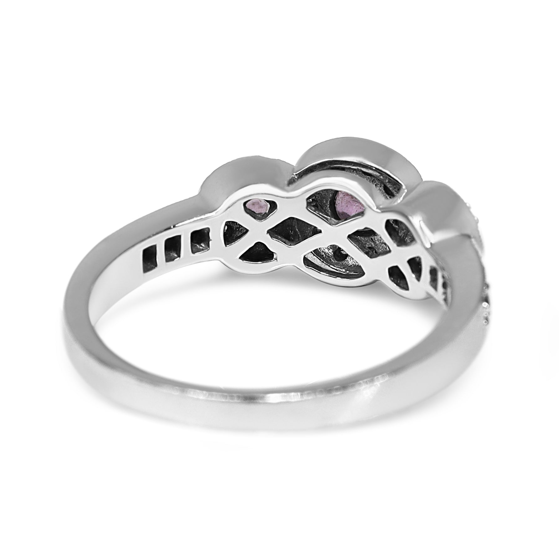 10ct White Gold 3 Stone Pink Sapphire and Diamond Halo Ring