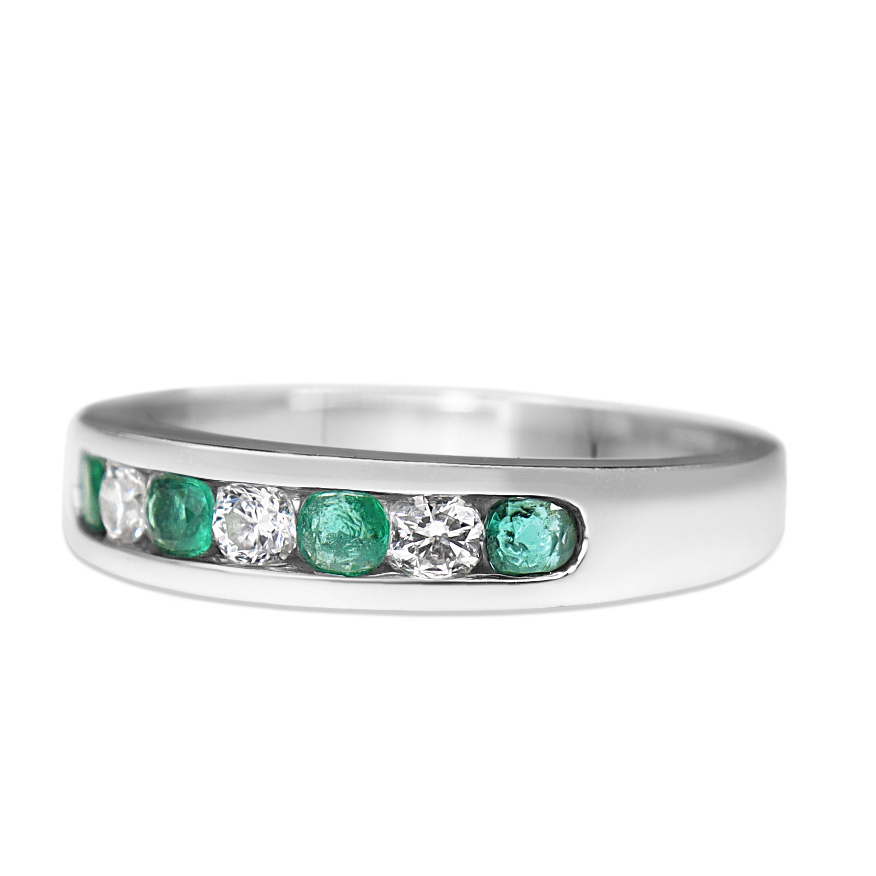 18ct White Gold Emerald and Diamond Channel Set Band Ring