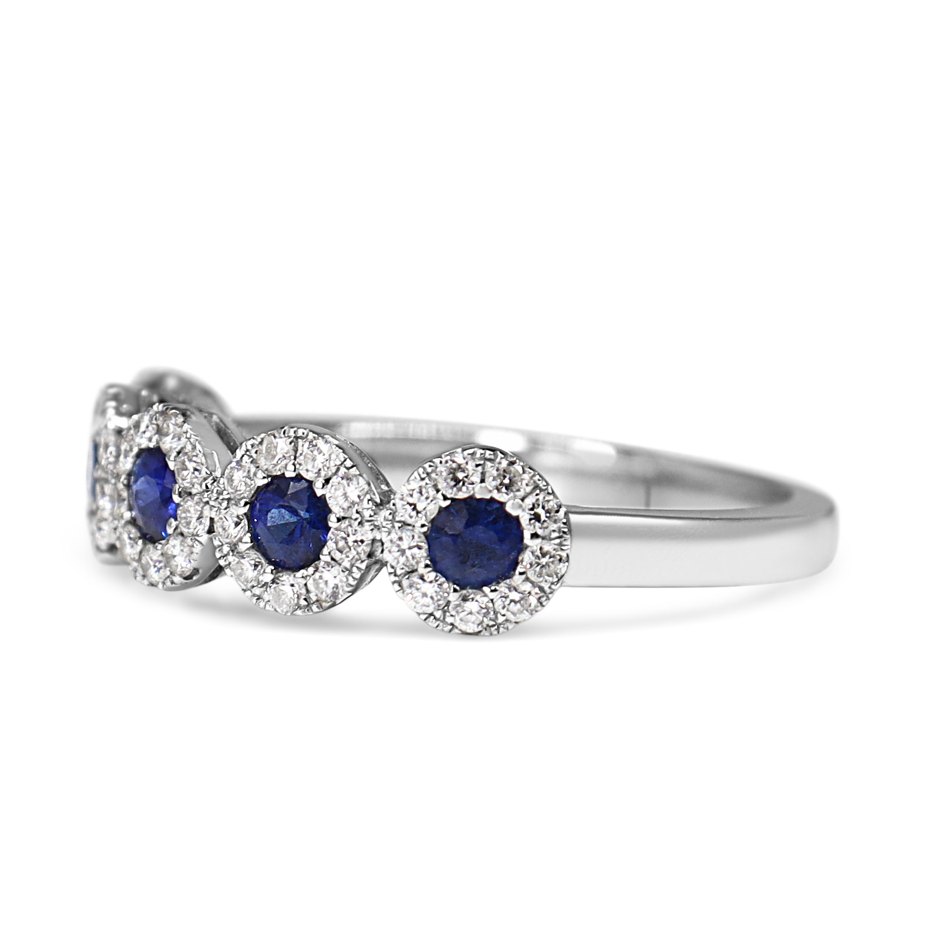 18ct White Gold 5 Stone Sapphire and Diamond Halo Ring