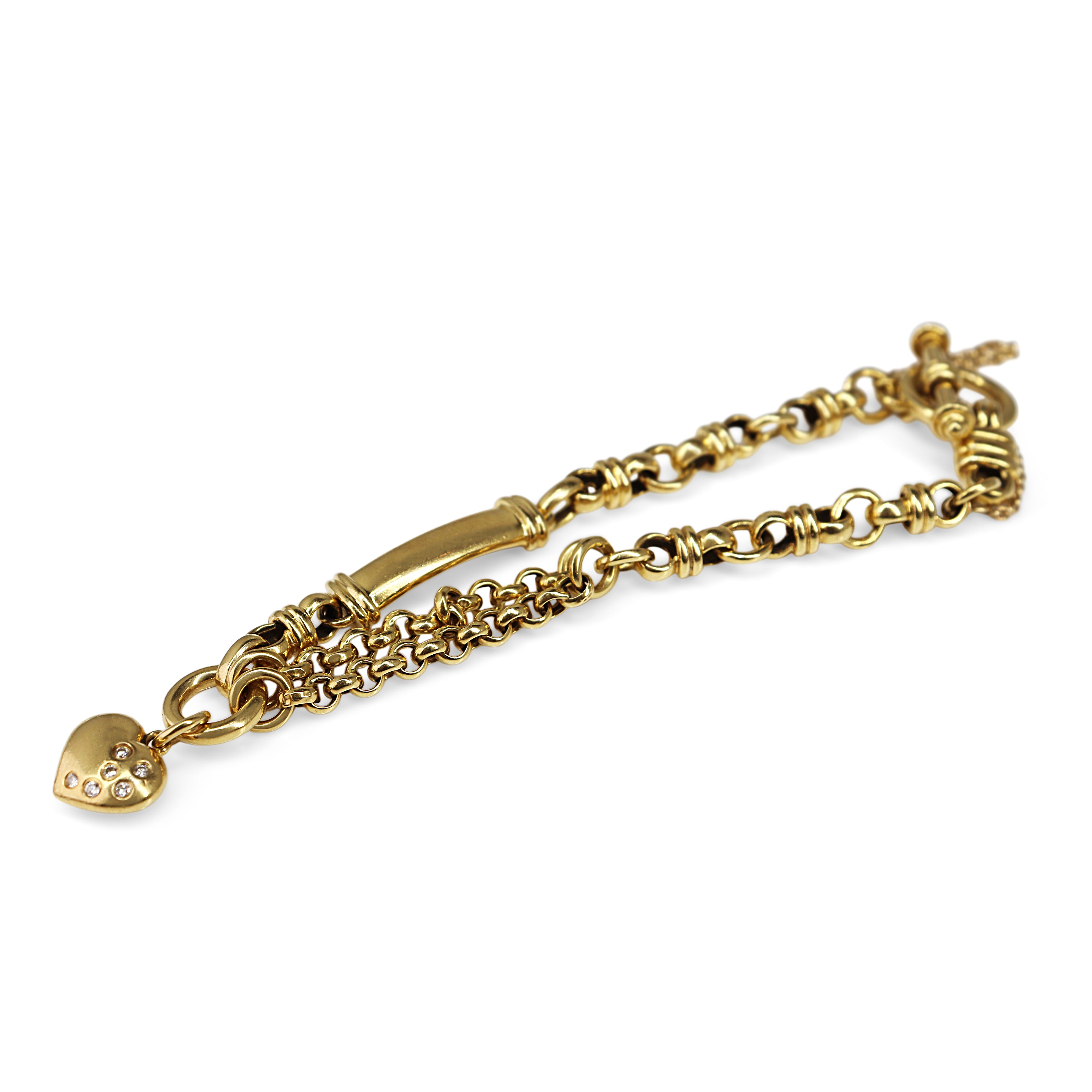 18ct Yellow Gold Fancy Link Belcher and Bar Bracelet with Diamond Heart Charm