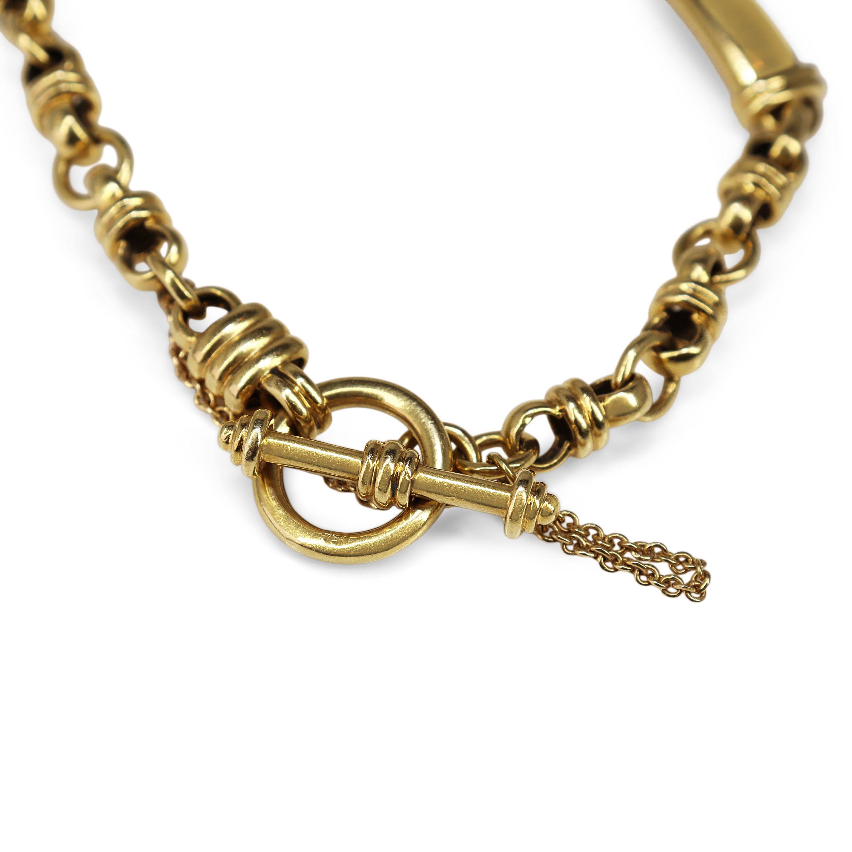 18ct Yellow Gold Fancy Link Belcher and Bar Bracelet with Diamond Heart Charm
