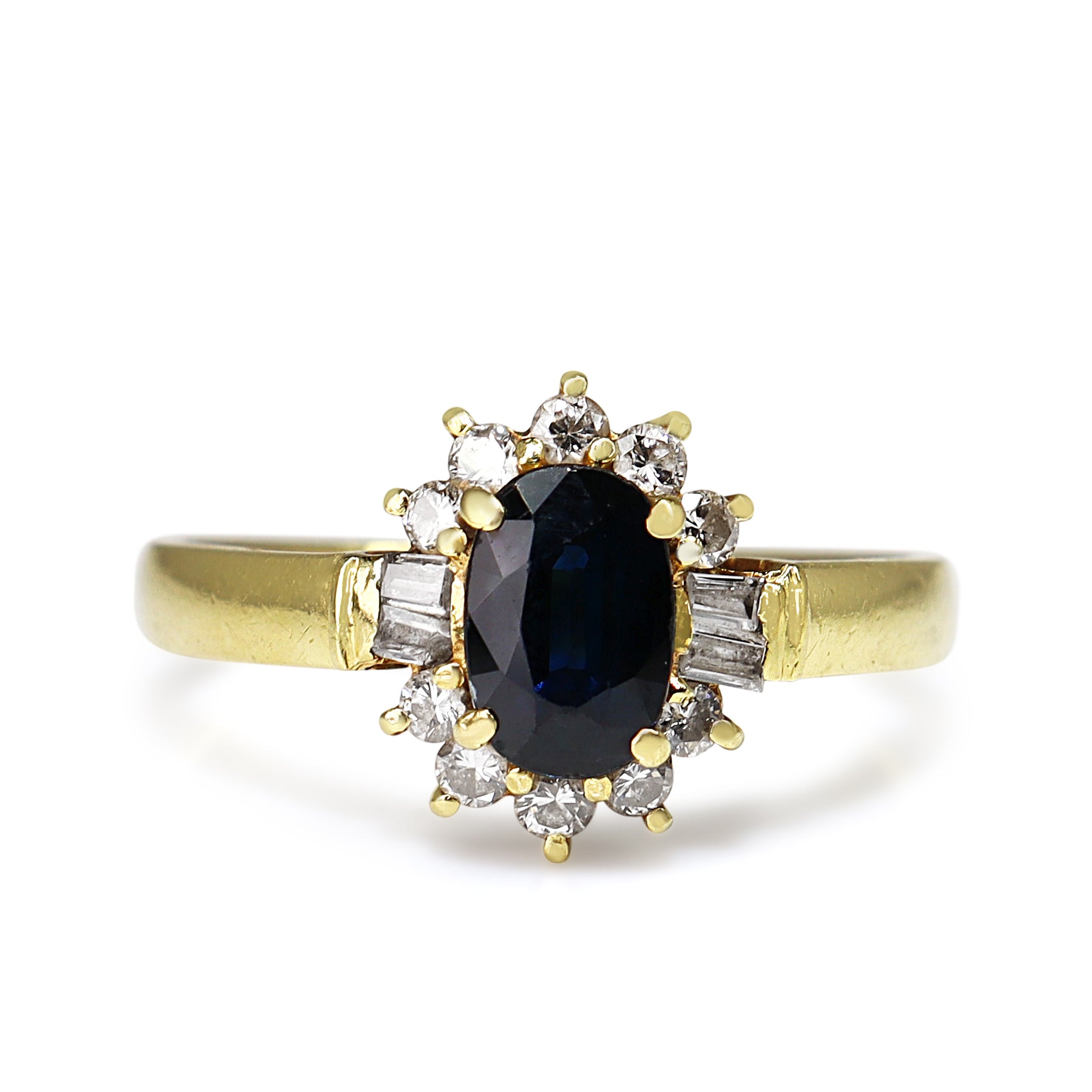 18ct Yellow Gold Sapphire and Diamond Baguette Halo Ring