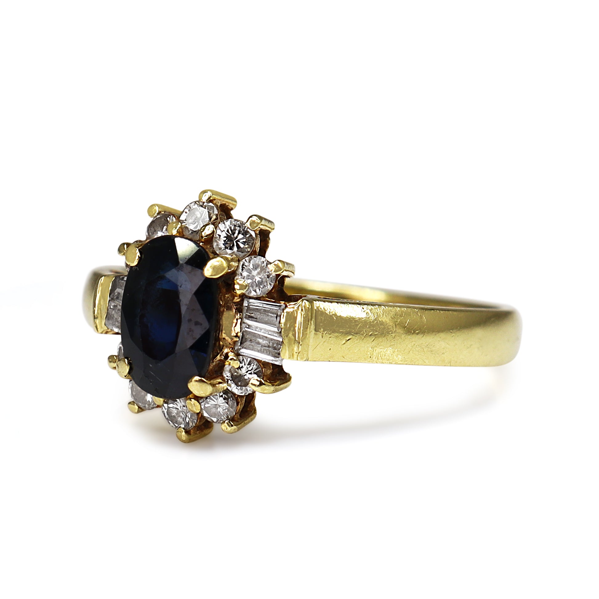 18ct Yellow Gold Sapphire and Diamond Baguette Halo Ring