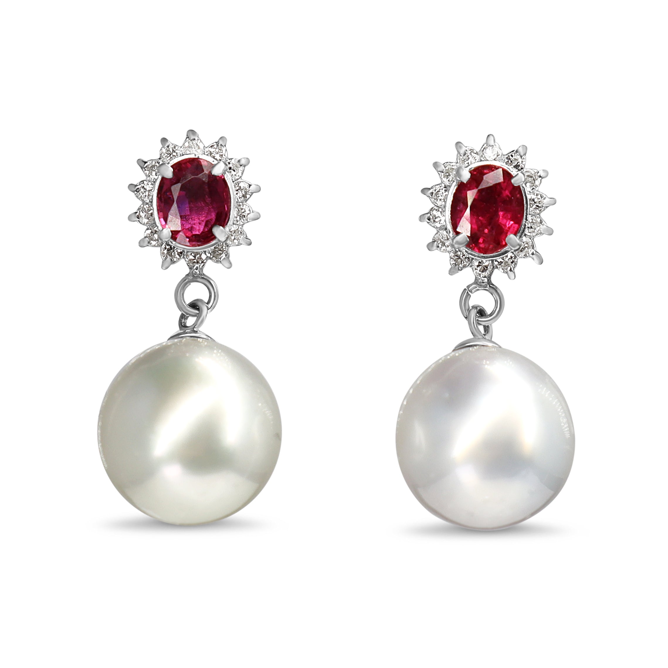 Platinum Ruby, Diamond and 10mm South Sea Pearl Drop Earrings