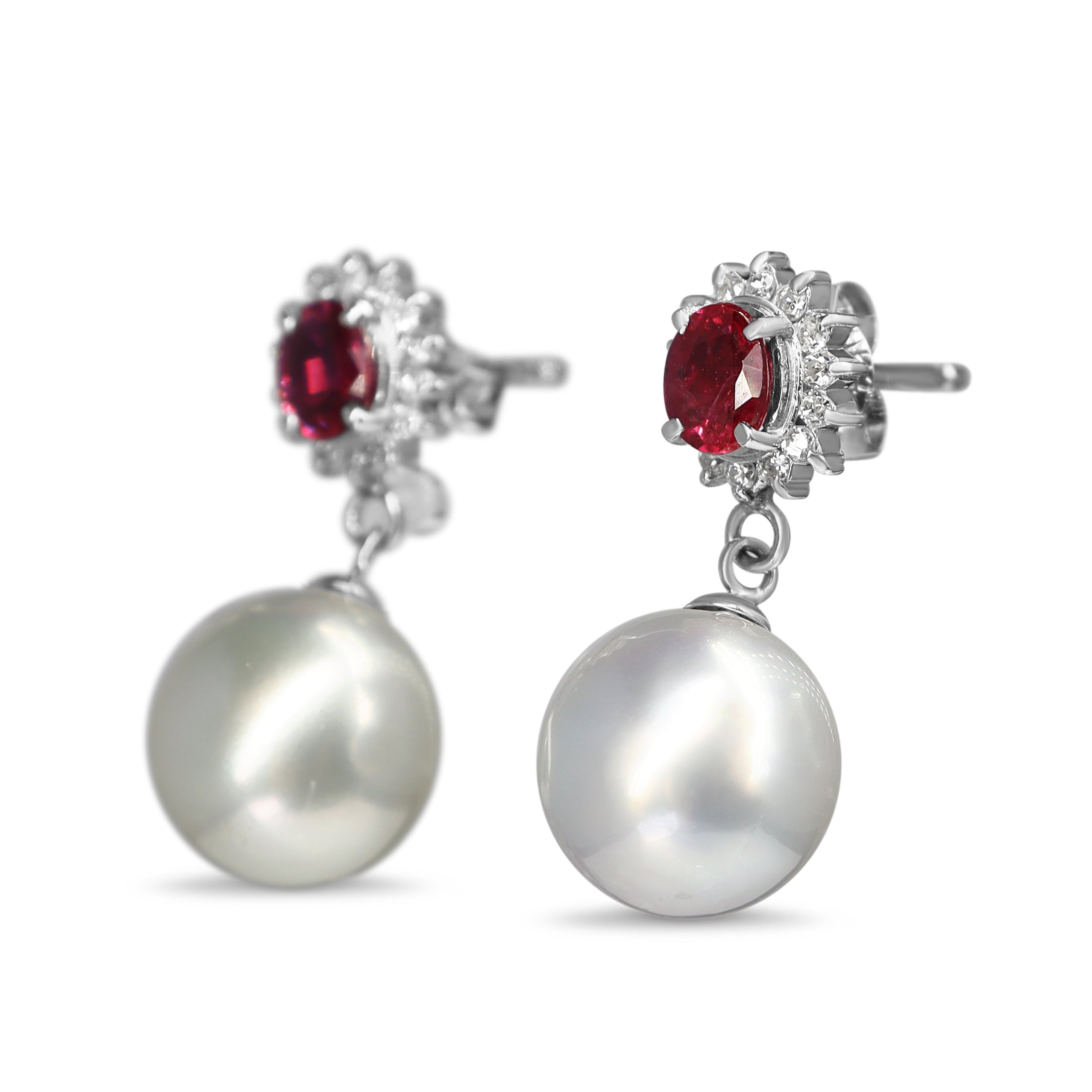 Platinum Ruby, Diamond and 10mm South Sea Pearl Drop Earrings