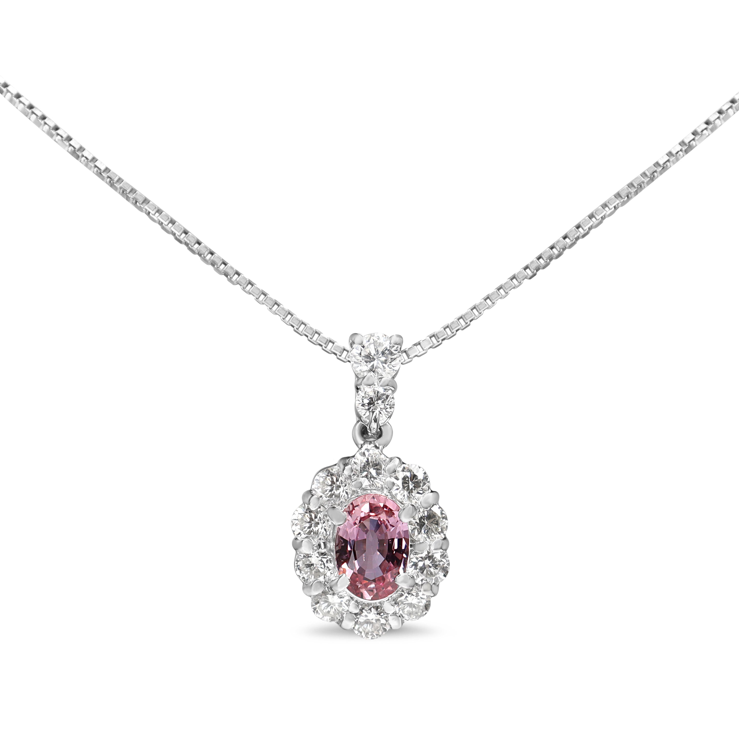 Platinum Pink Sapphire and Diamond Halo Necklace
