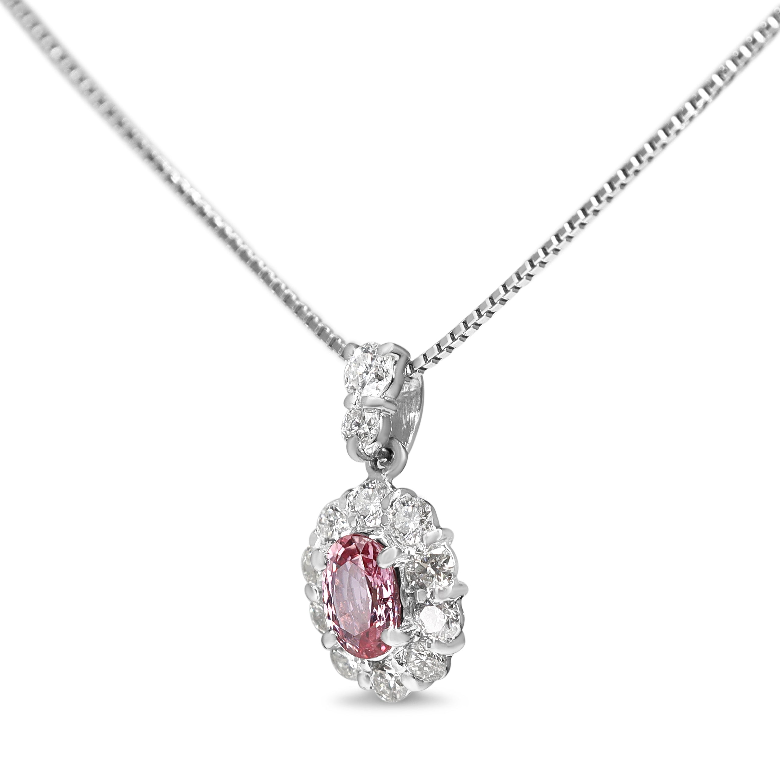 Platinum Pink Sapphire and Diamond Halo Necklace