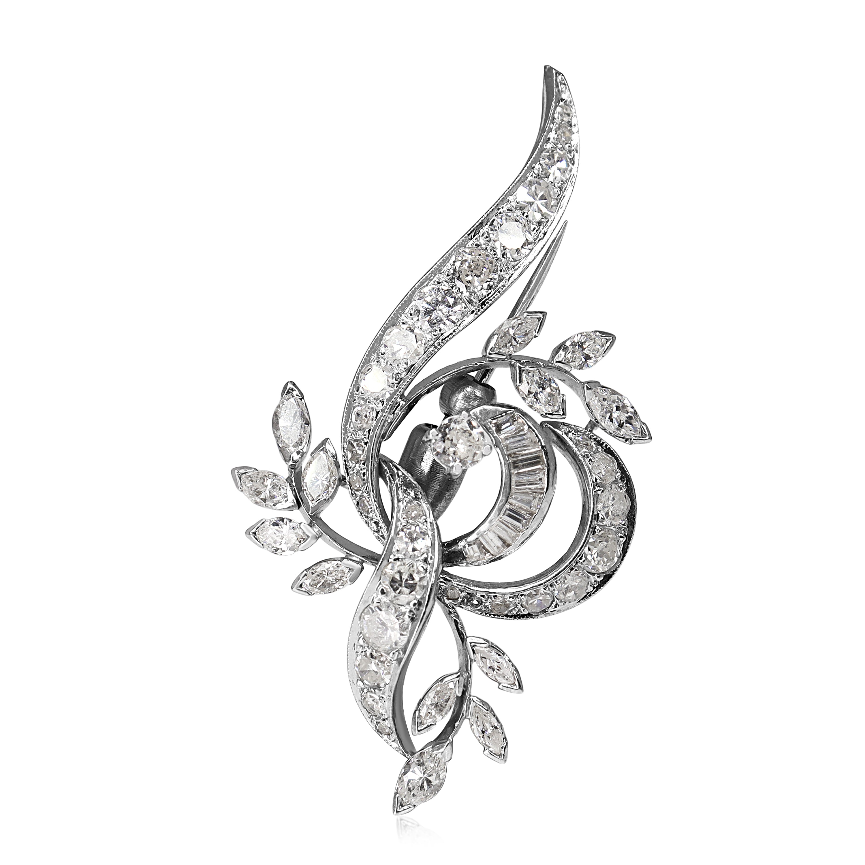 14ct White Gold Vintage Diamond Vine / Floral Brooch