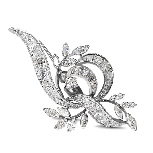 14ct White Gold Vintage Diamond Vine / Floral Brooch
