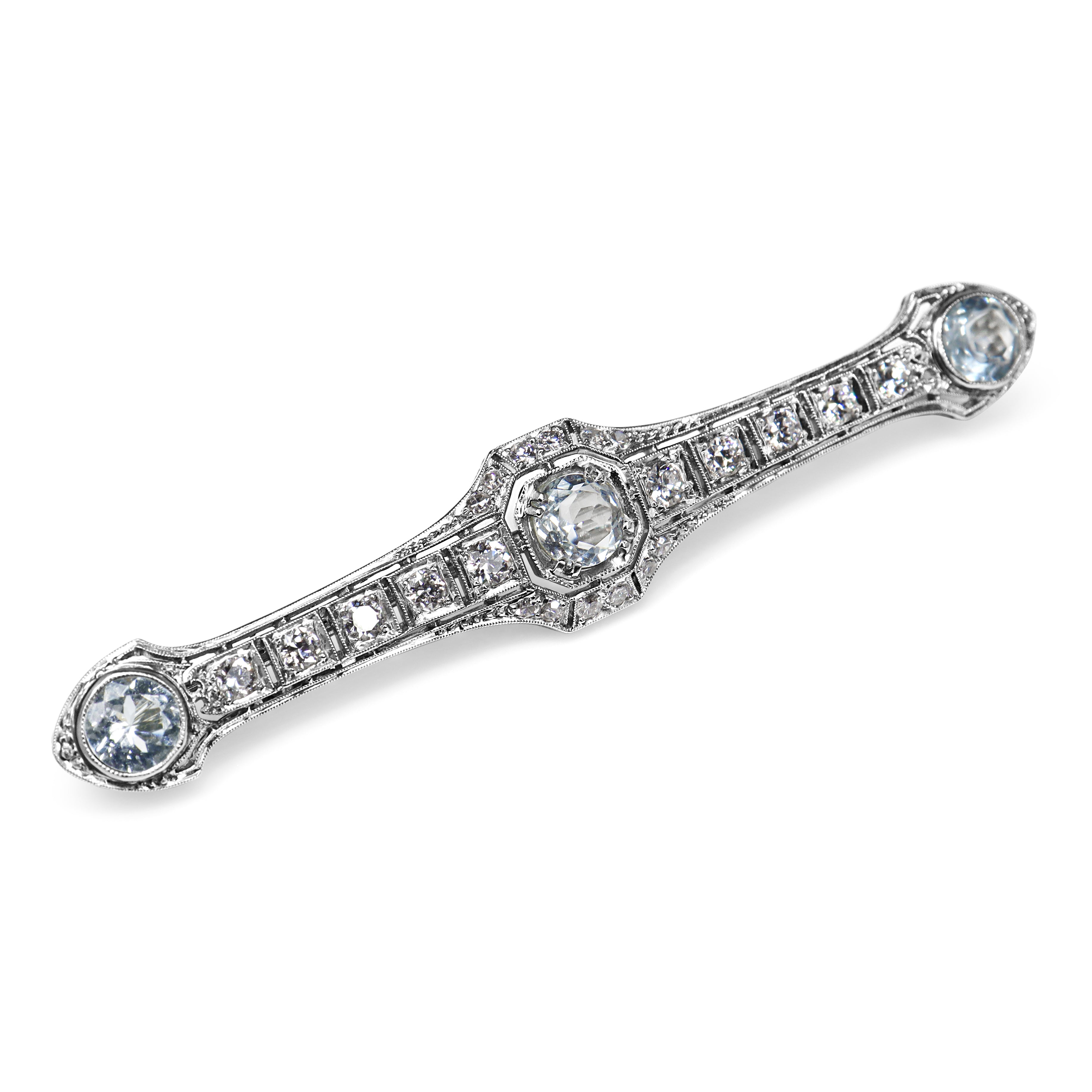 Platinum Art Deco Aquamarine and Old Cut Diamond Brooch