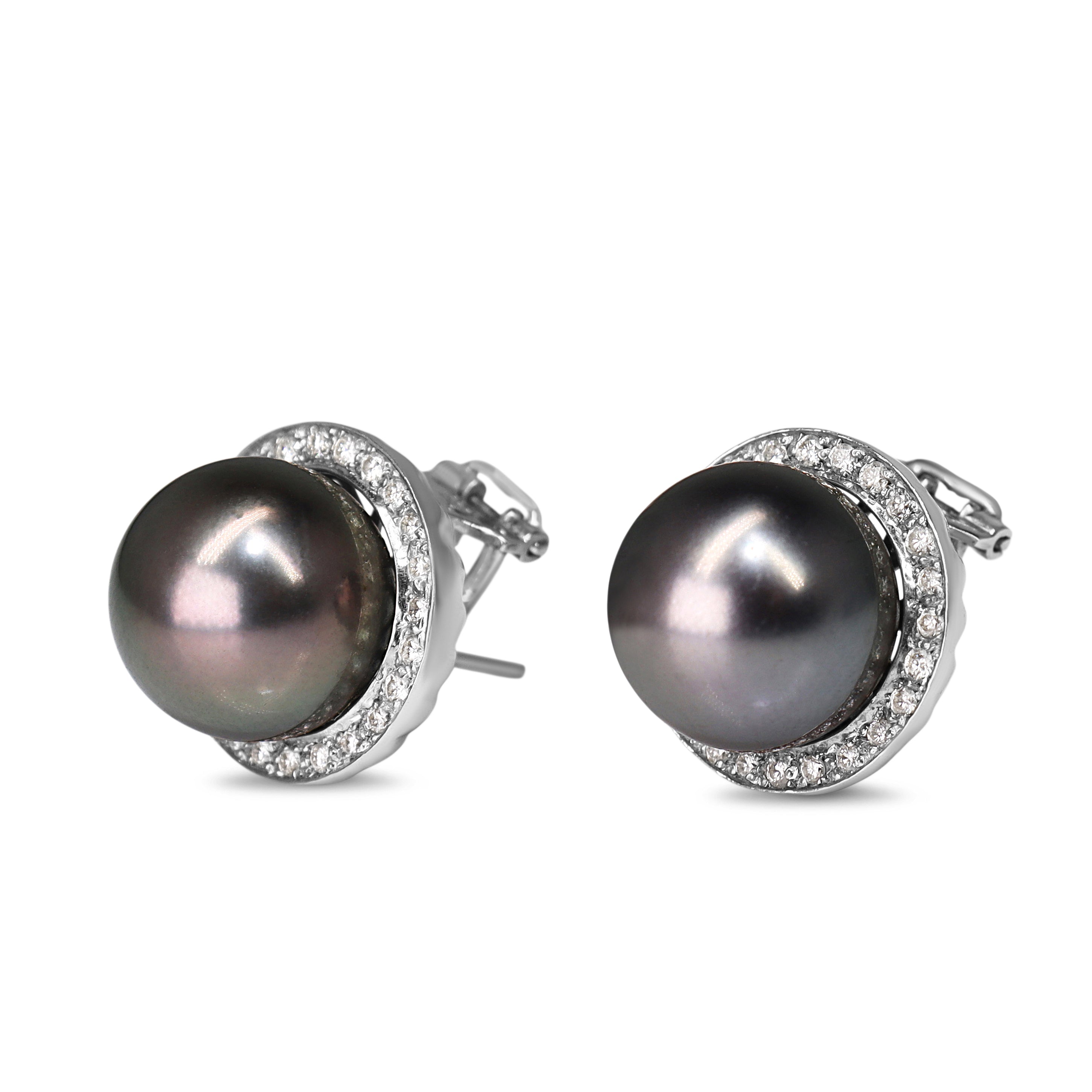 14ct White Gold 12mm Tahitian Pearl and Diamond Halo Earrings