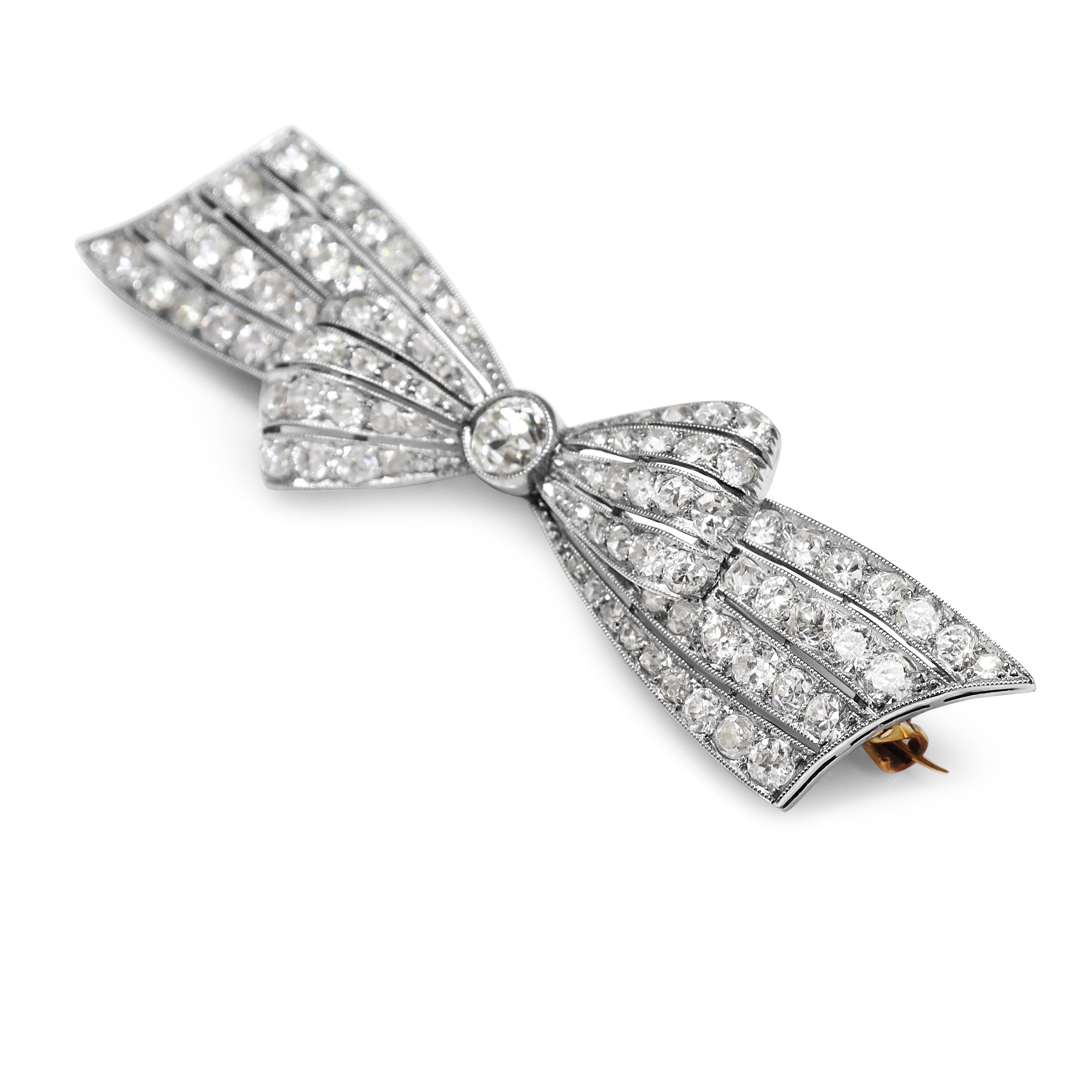 Platinum and 14ct Yellow Gold Art Deco Old Cut Diamond Bow Brooch