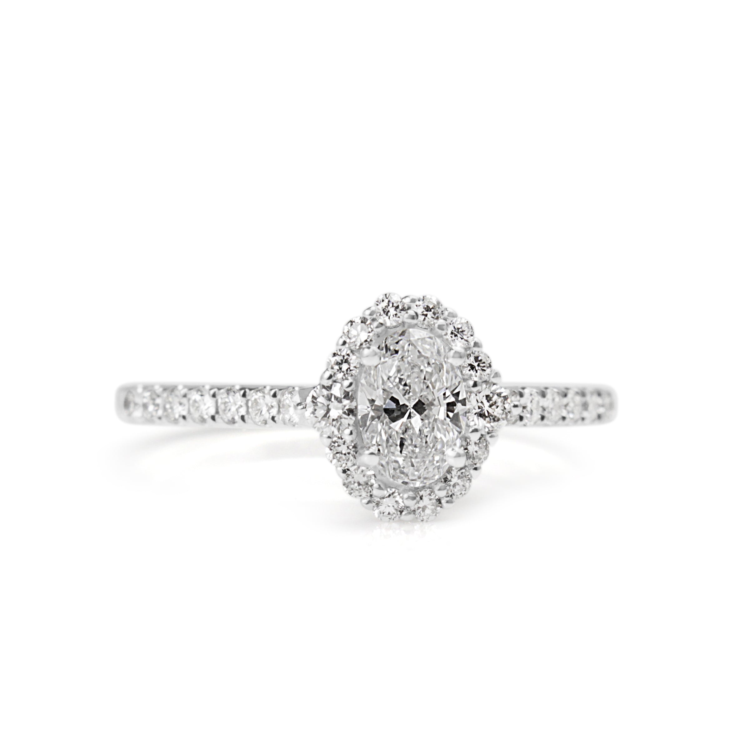 18ct White Gold Fine Oval Diamond Halo Ring