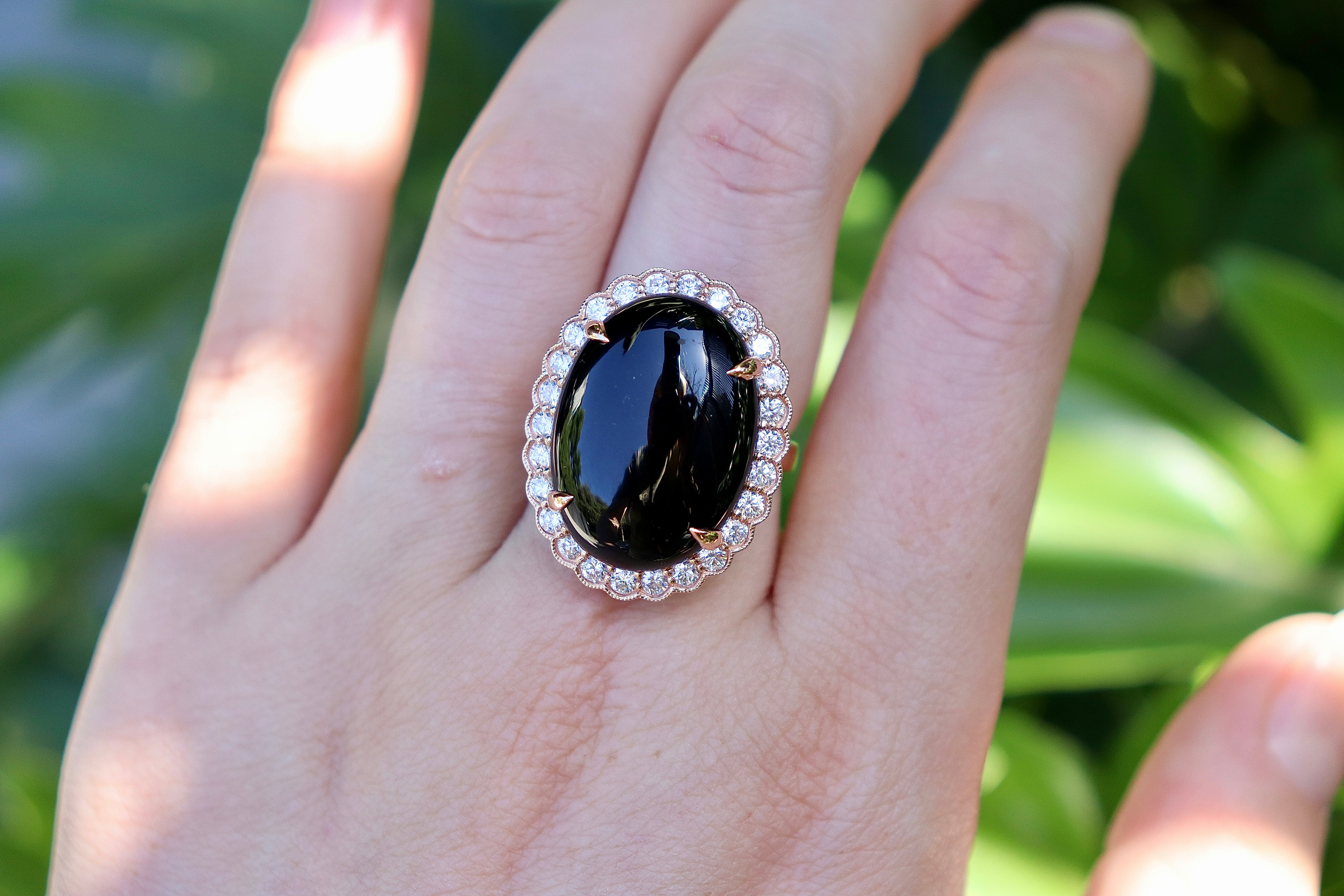 14ct Rose Gold Onyx and Diamond Daisy Style Cocktail Ring