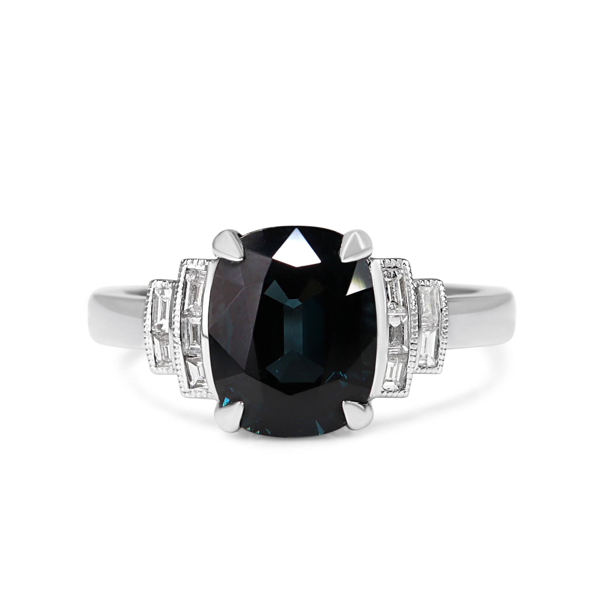 18ct White Gold Blue Spinel and Baguette Diamond Deco Style Ring