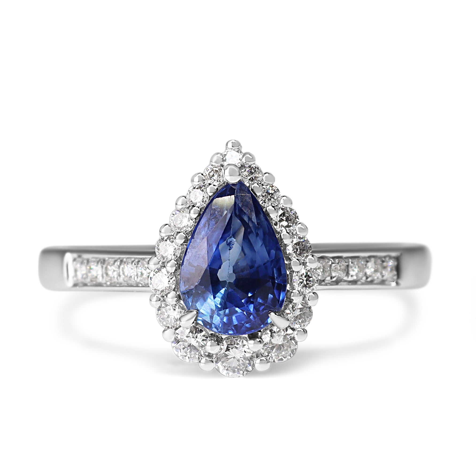 18ct White Gold Pear Shaped Sapphire and Diamond Graduated Halo Ring