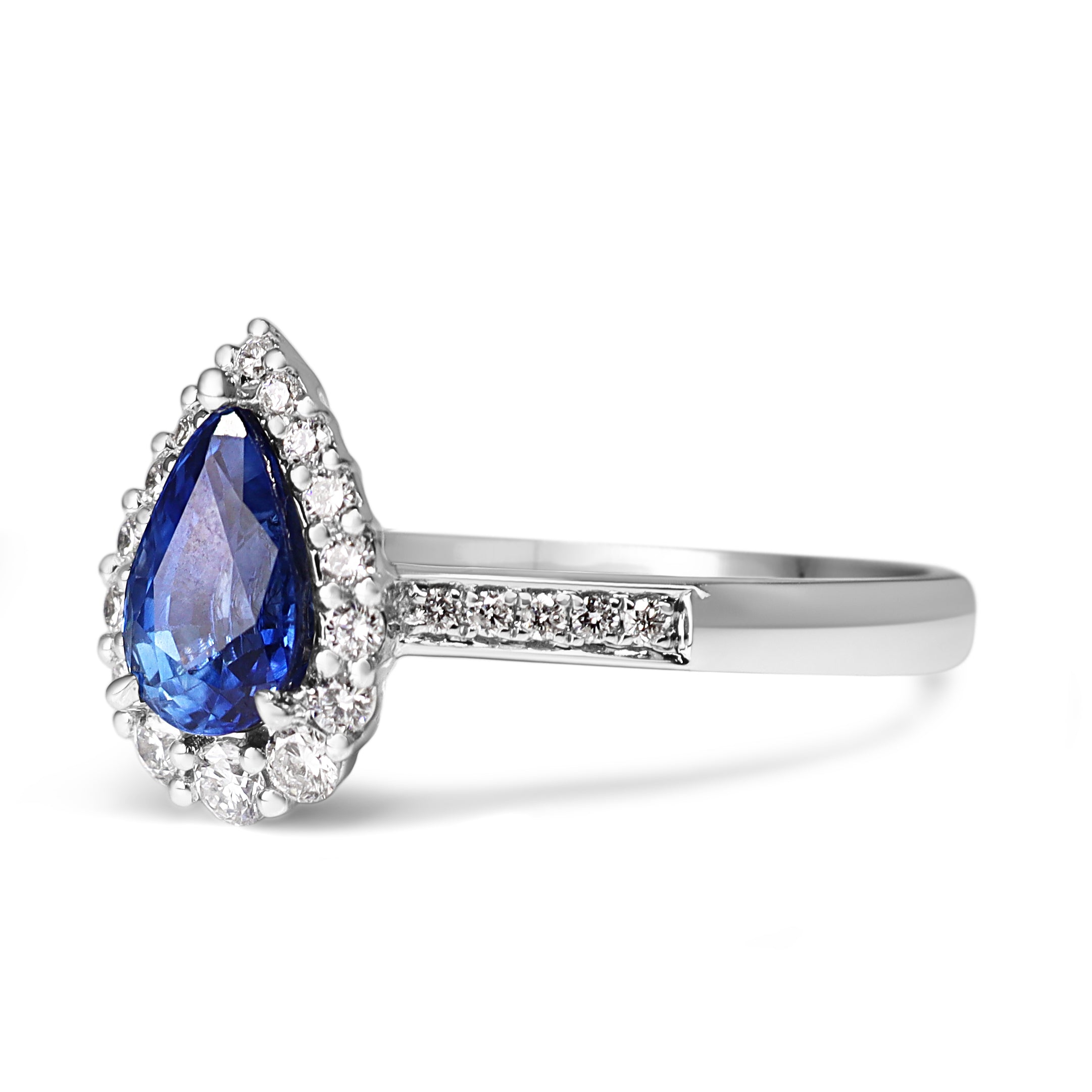 18ct White Gold Pear Shaped Sapphire and Diamond Graduated Halo Ring