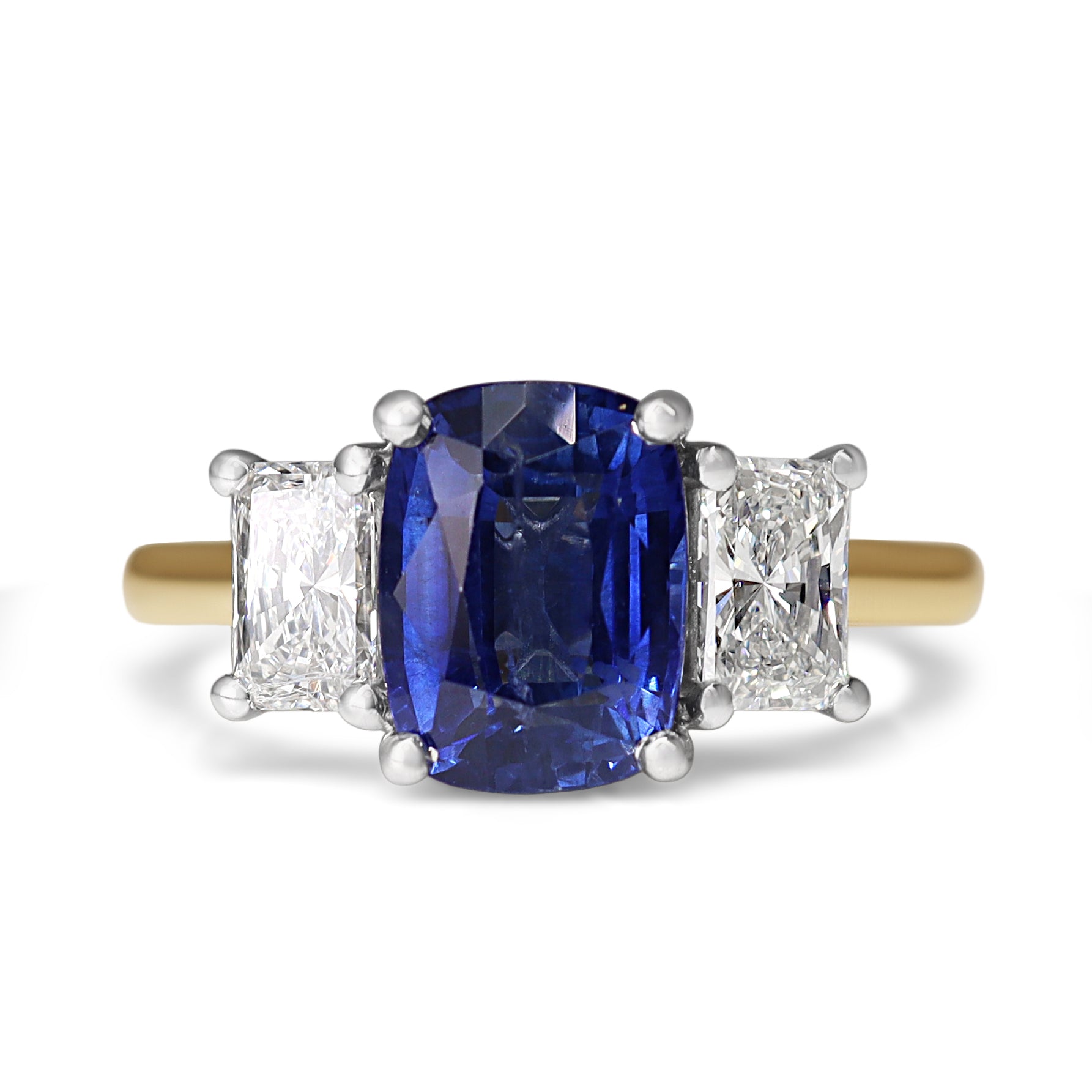 18ct Yellow and White Gold Cushion Sapphire and Radiant Cut Diamond 3 Stone Ring