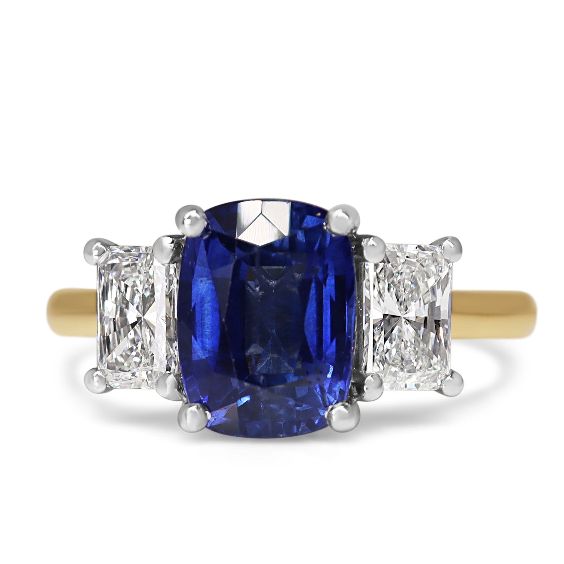18ct Yellow and White Gold Cushion Sapphire and Radiant Cut Diamond 3 Stone Ring