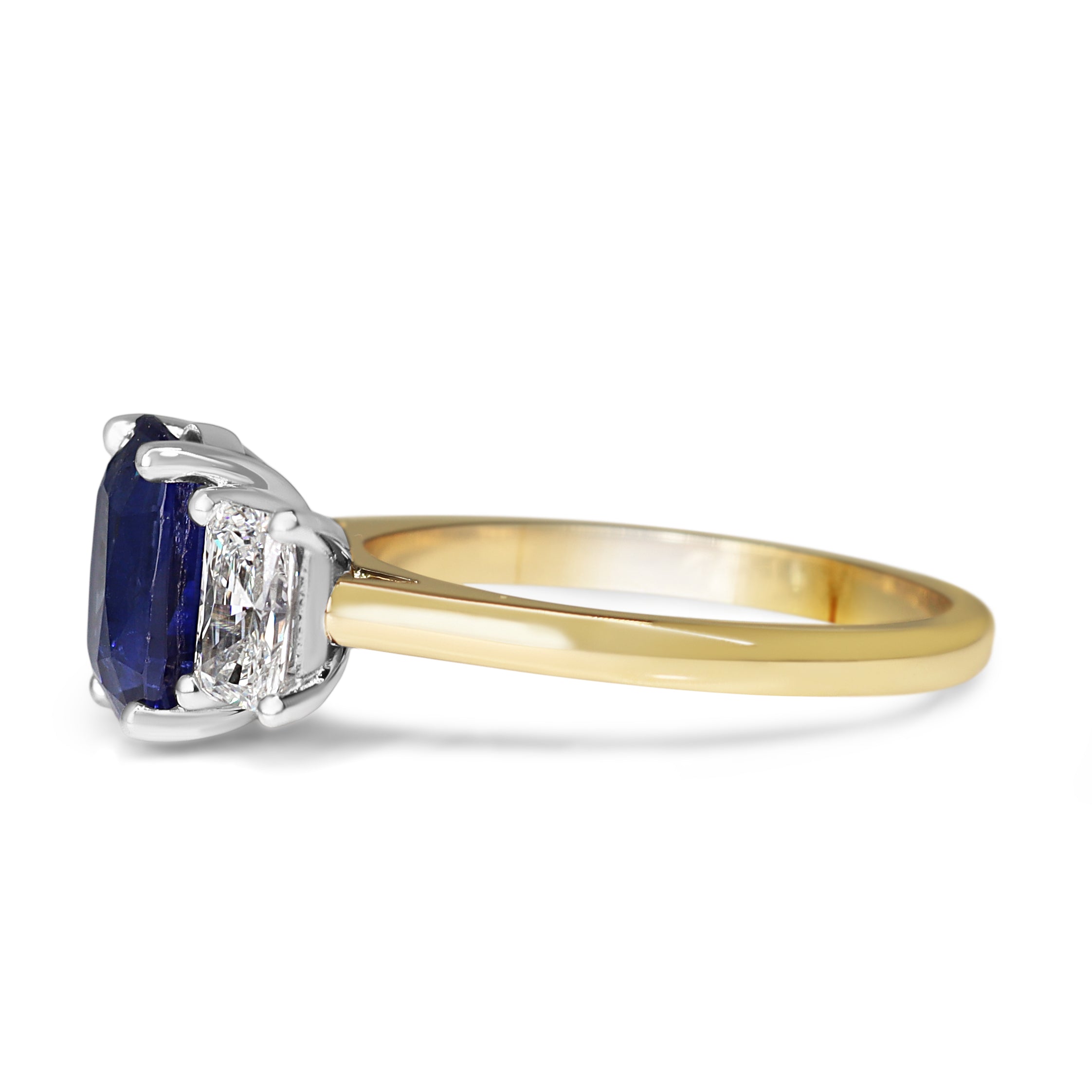 18ct Yellow and White Gold Cushion Sapphire and Radiant Cut Diamond 3 Stone Ring