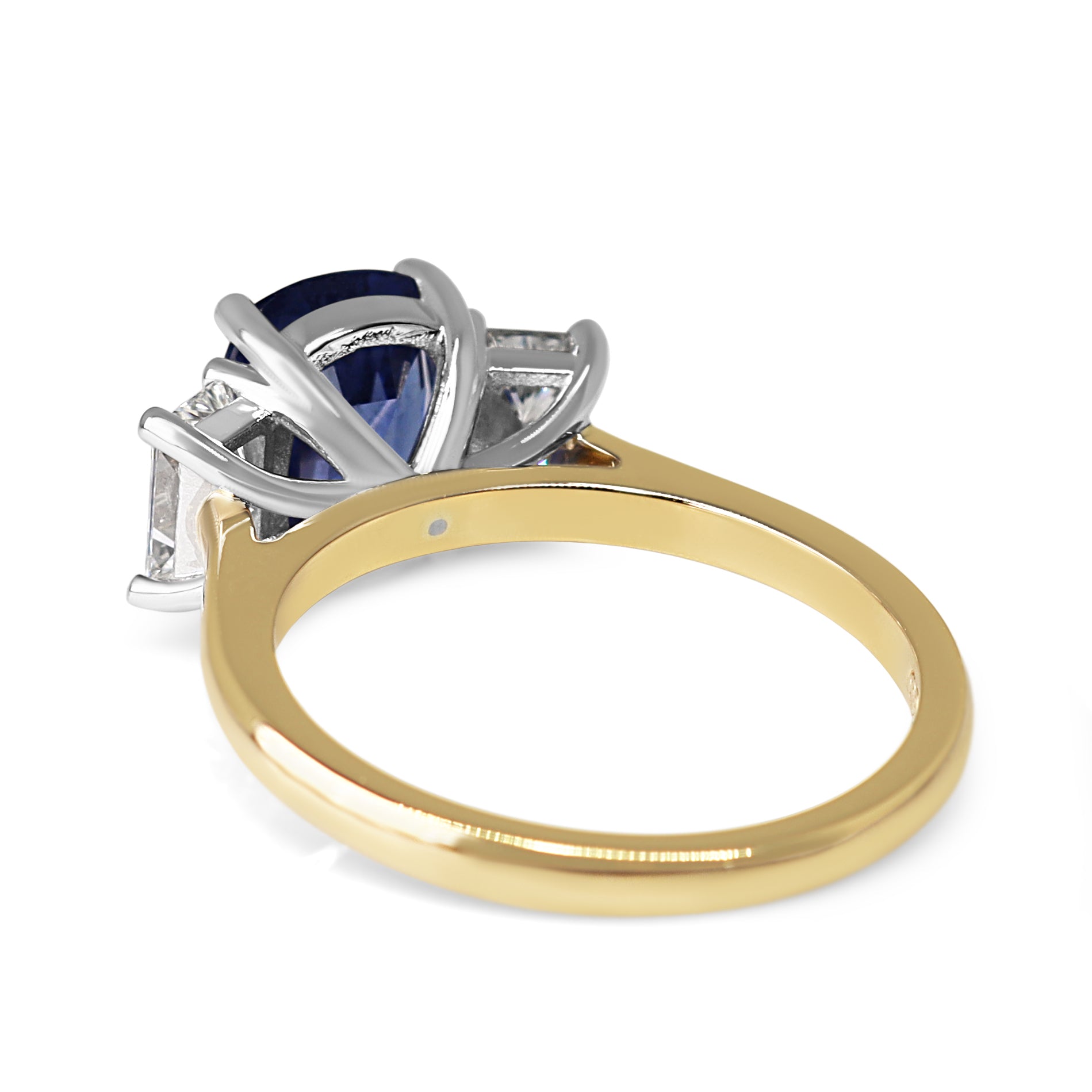 18ct Yellow and White Gold Cushion Sapphire and Radiant Cut Diamond 3 Stone Ring
