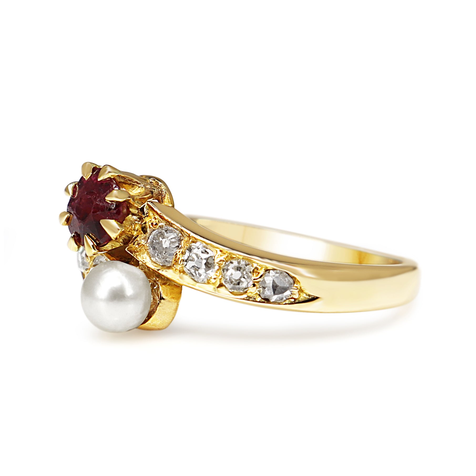 18ct Yellow Gold Antique Ruby, Pearl and Old Cut Diamond Moi et Toi Ring
