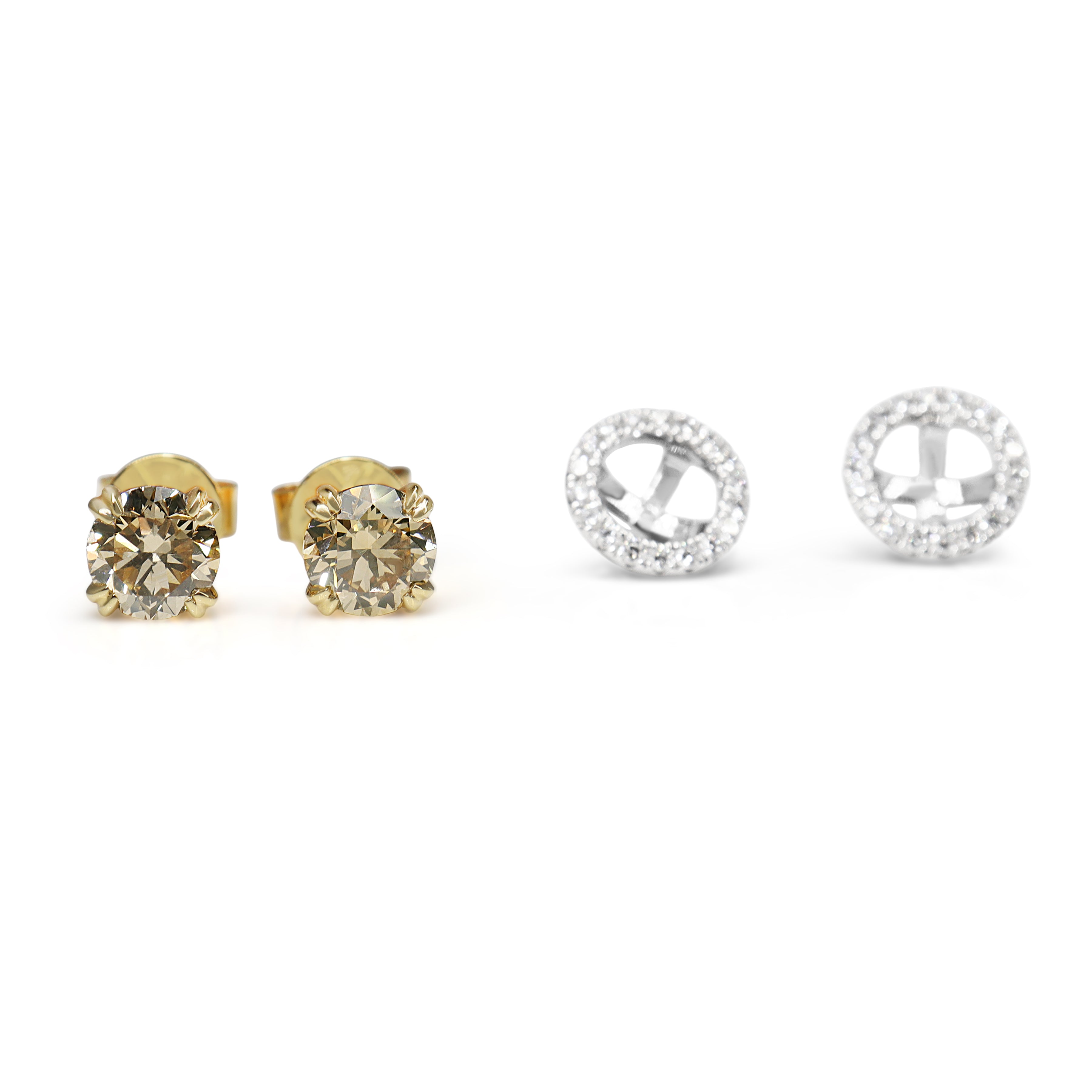 18ct Yellow and White Gold Champagne Diamond Stud Earrings with Removable Halo 'Jacket'