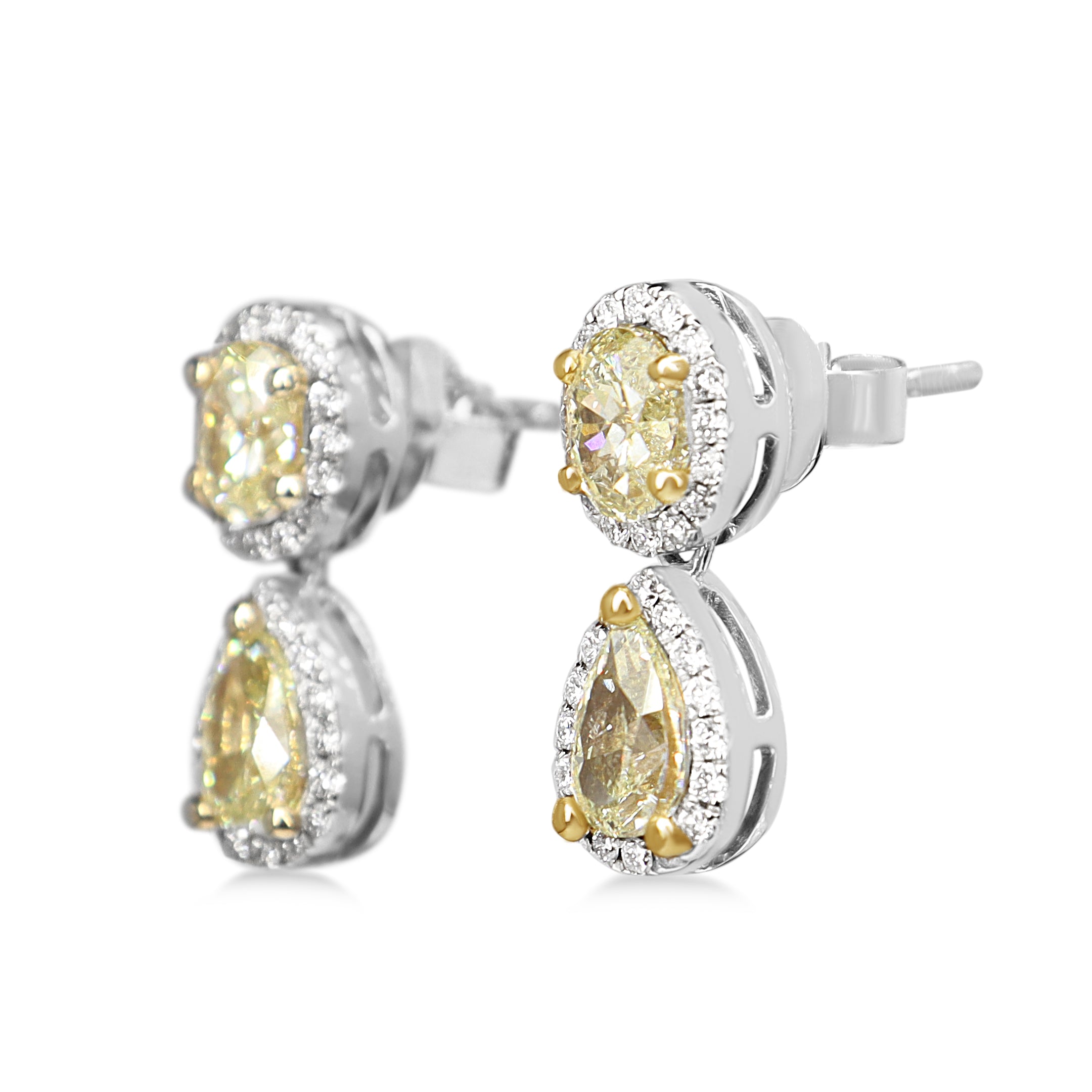 18ct Yellow and White Gold Oval and Pear Yellow Diamond Halo Drop Earrings