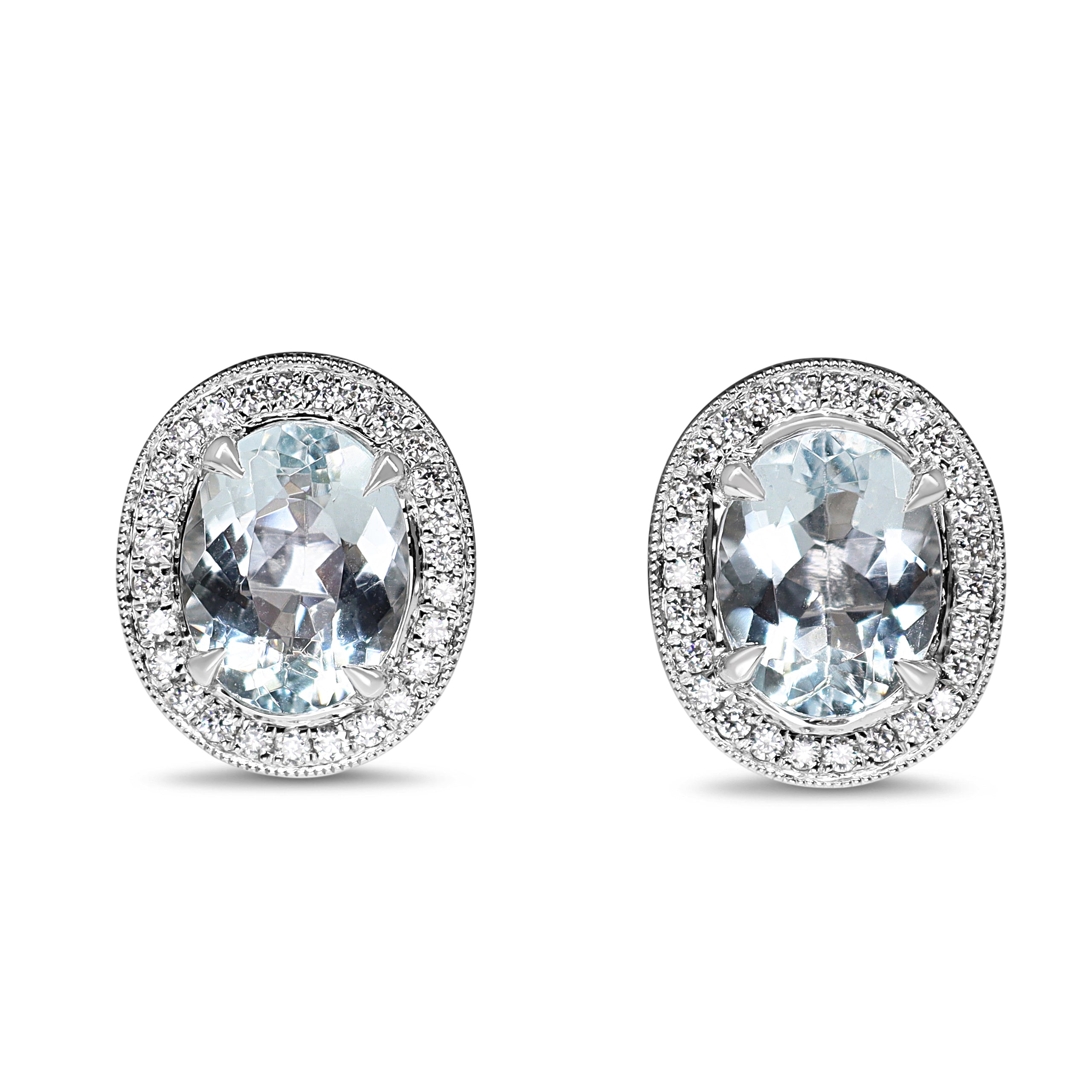 18ct White Gold Oval Aquamarine and Diamond Halo Stud Earrings