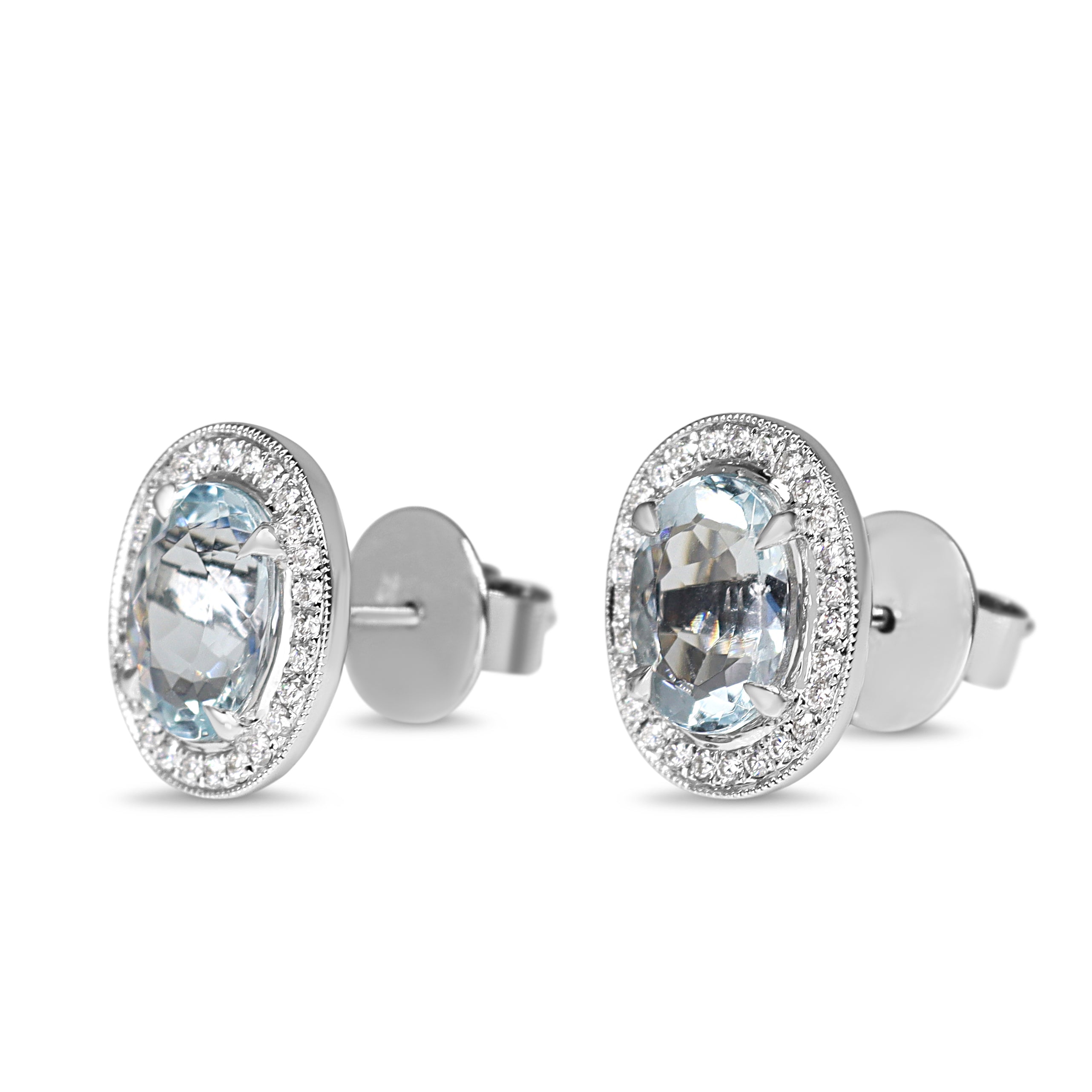18ct White Gold Oval Aquamarine and Diamond Halo Stud Earrings