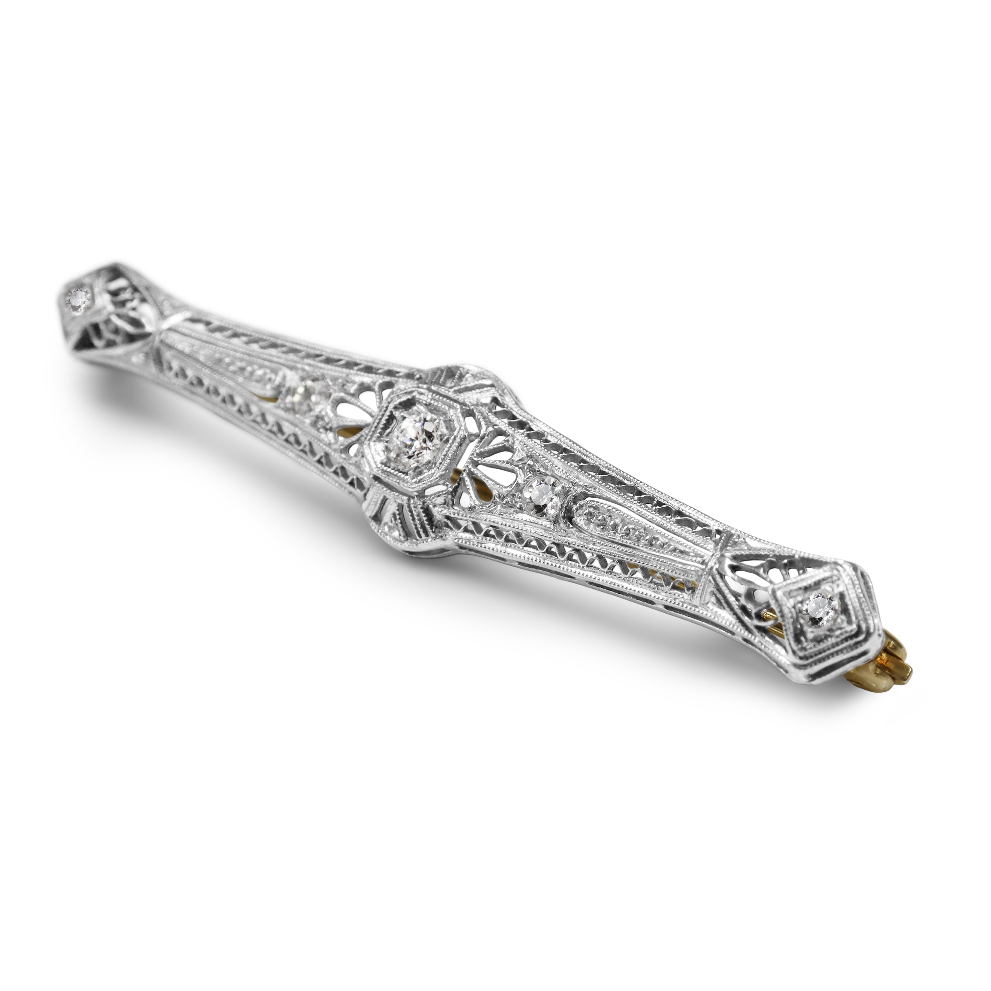 14ct White Gold Old Cut Diamond Art Deco Brooch
