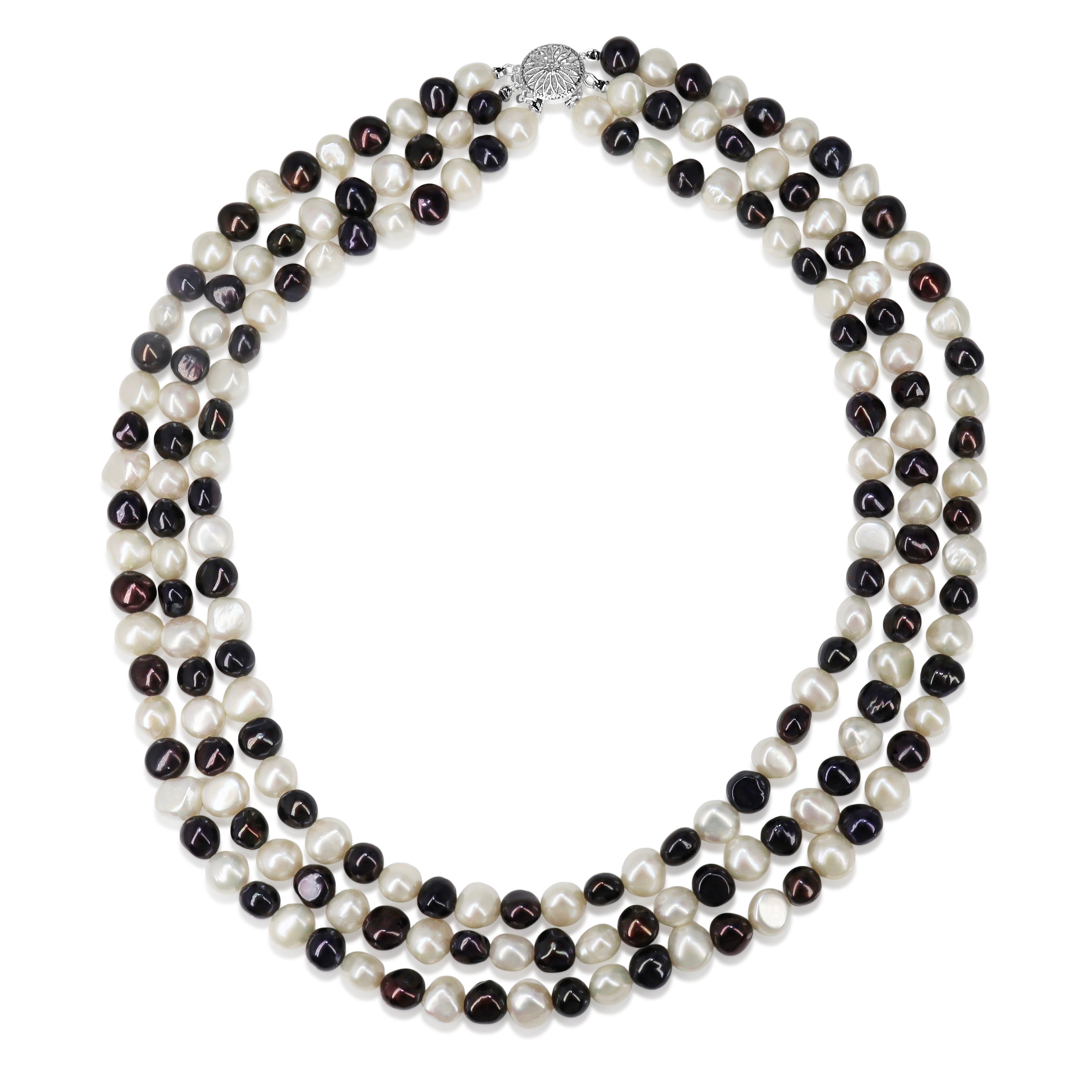 Silver Freshwater Black and White 3 Strand Pearl Necklace