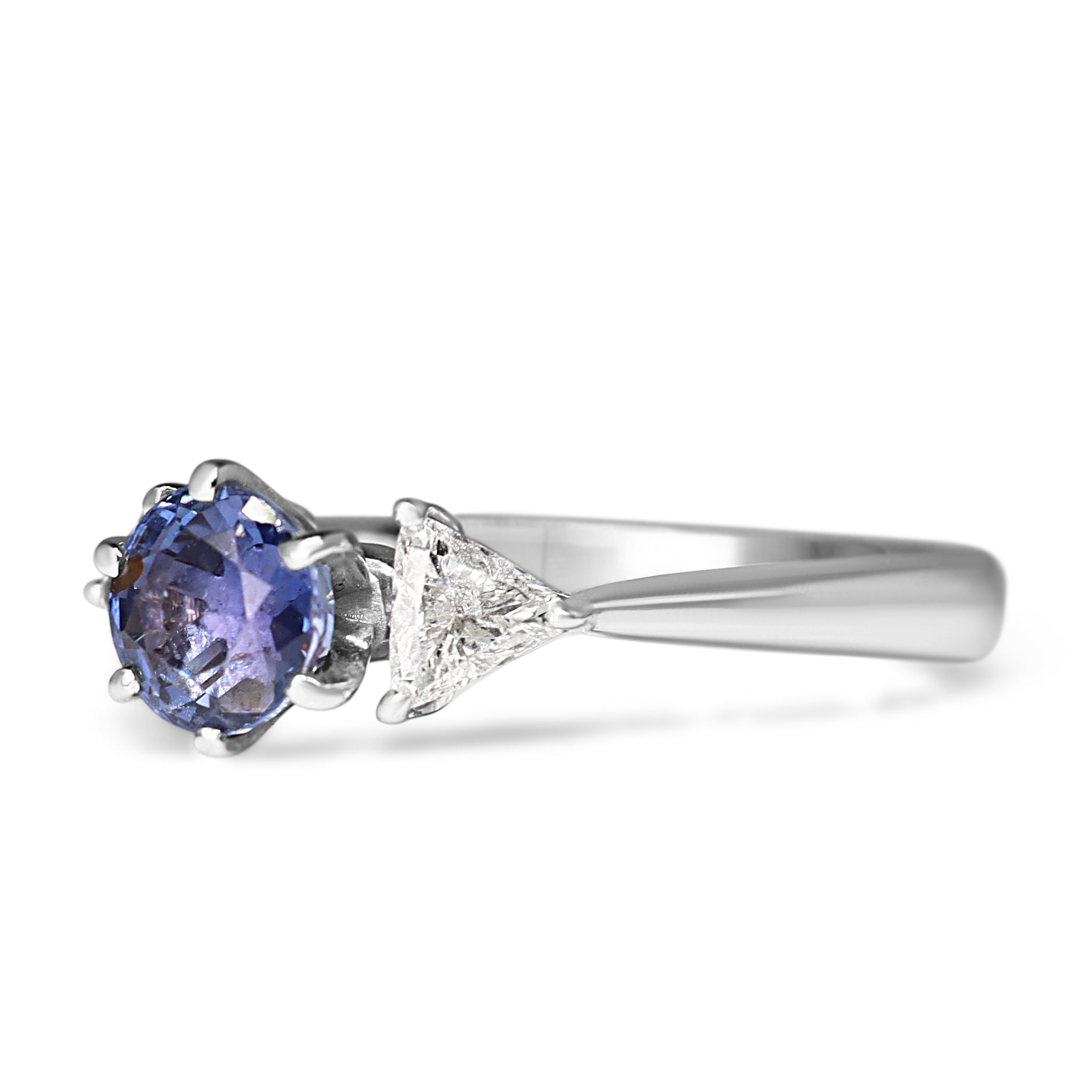 18ct White Gold Round Sapphire and Trillion Diamond 3 Stone Ring