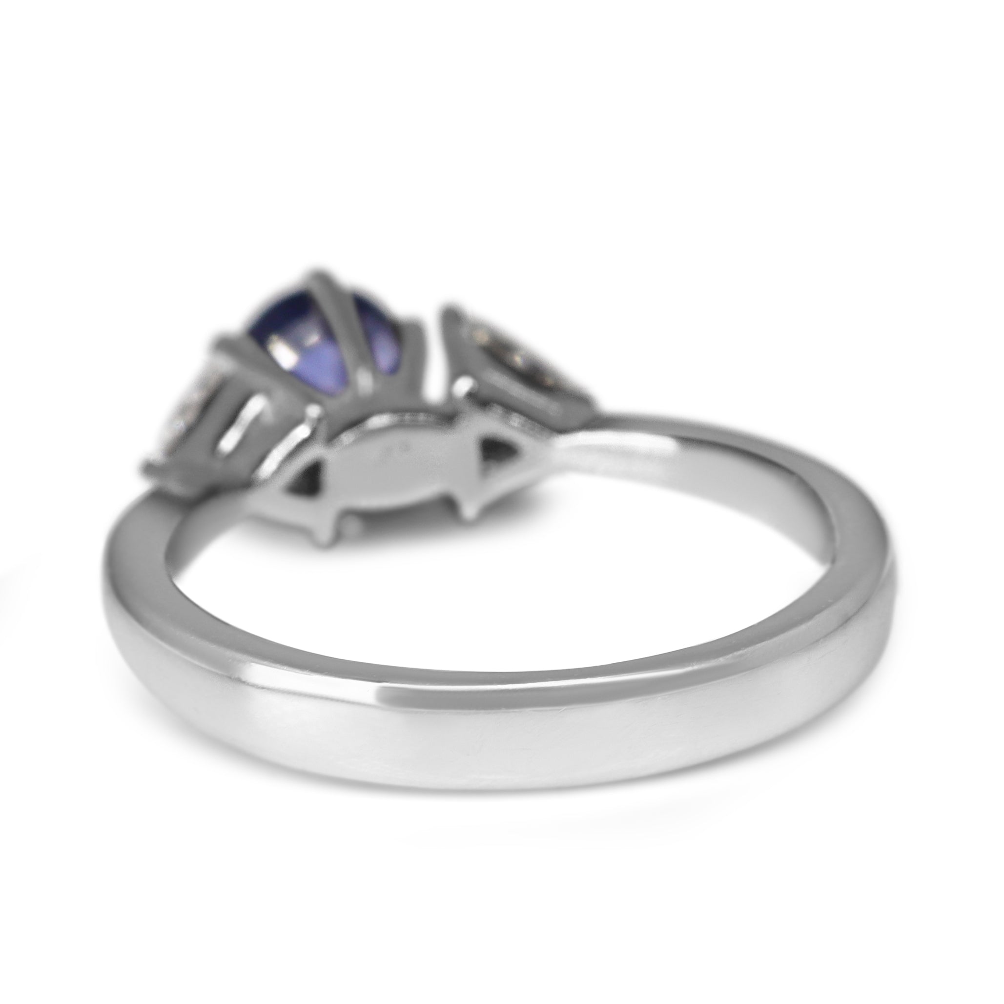18ct White Gold Round Sapphire and Trillion Diamond 3 Stone Ring