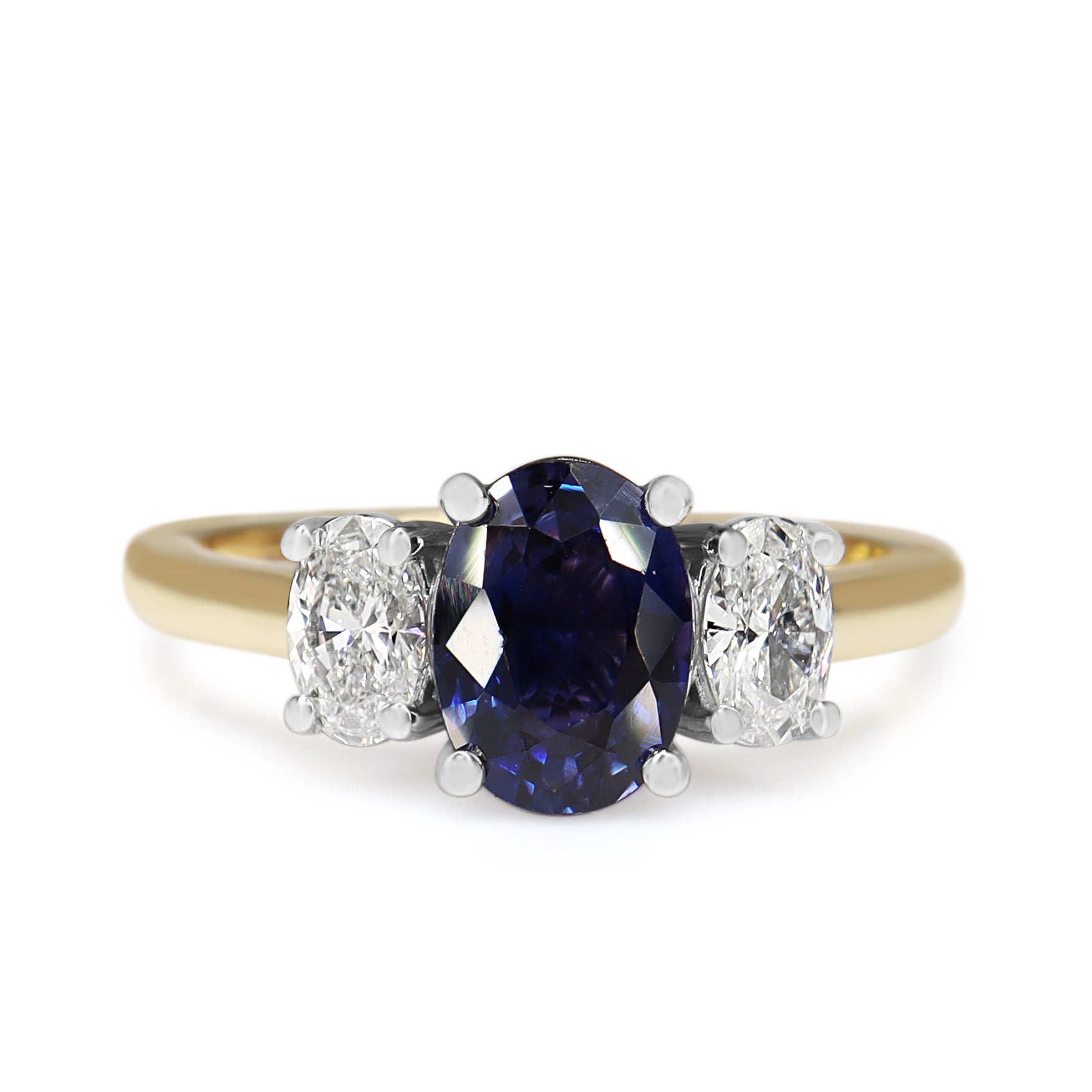 18ct Yellow and White Gold Oval Purple/Blue Sapphire and Diamond 3 Stone Ring