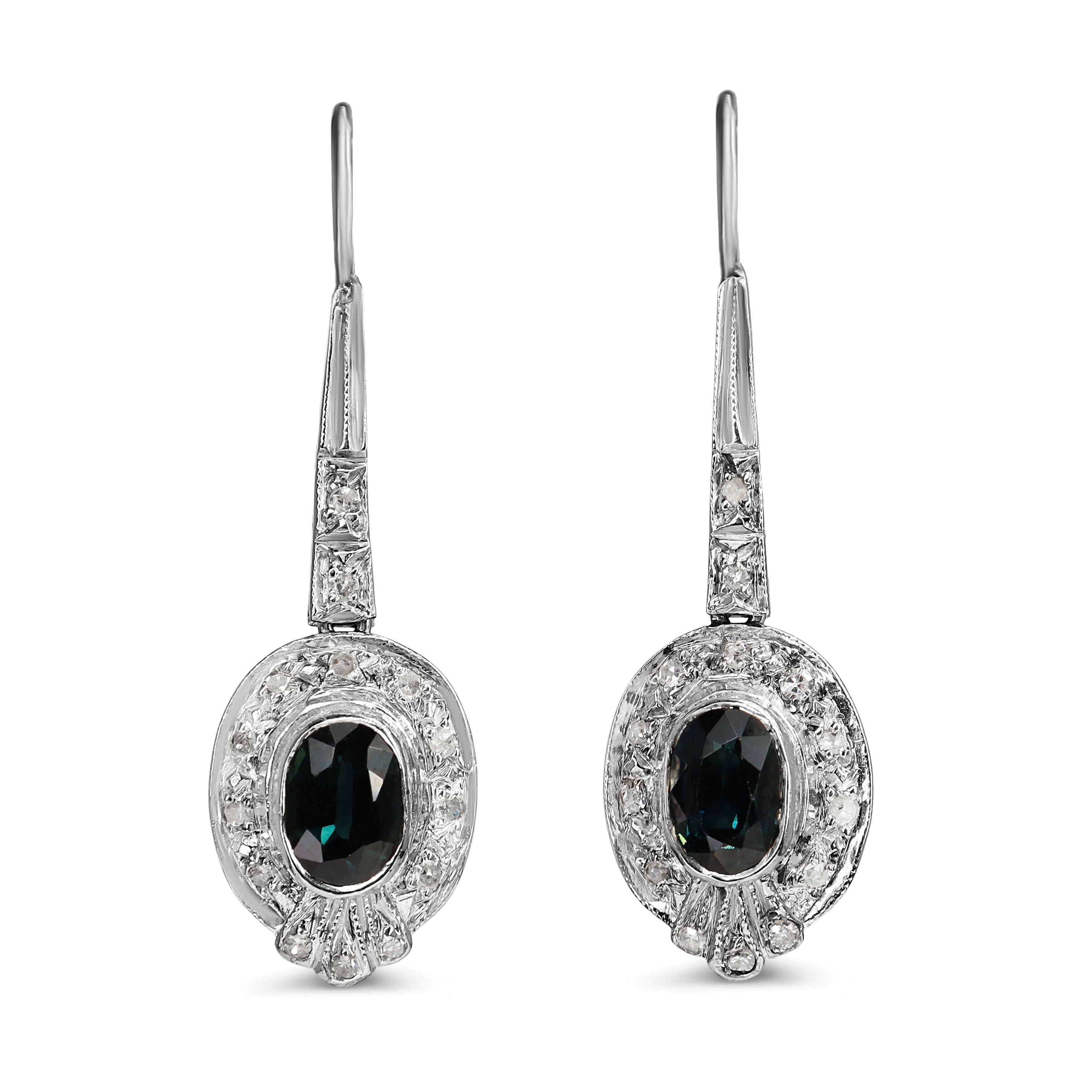Palladium Art Deco Sapphire and Single Cut Diamond Earrings