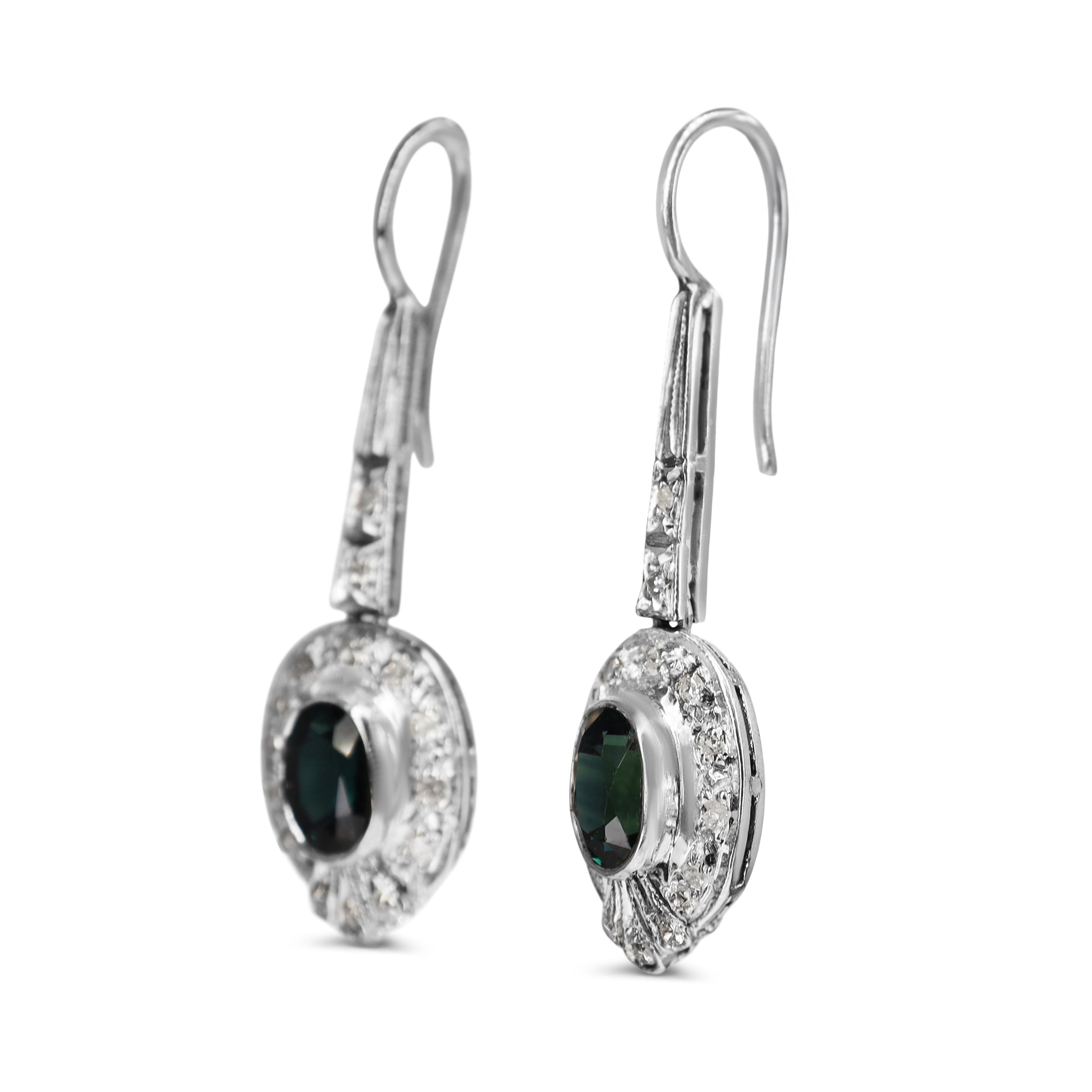 Palladium Art Deco Sapphire and Single Cut Diamond Earrings