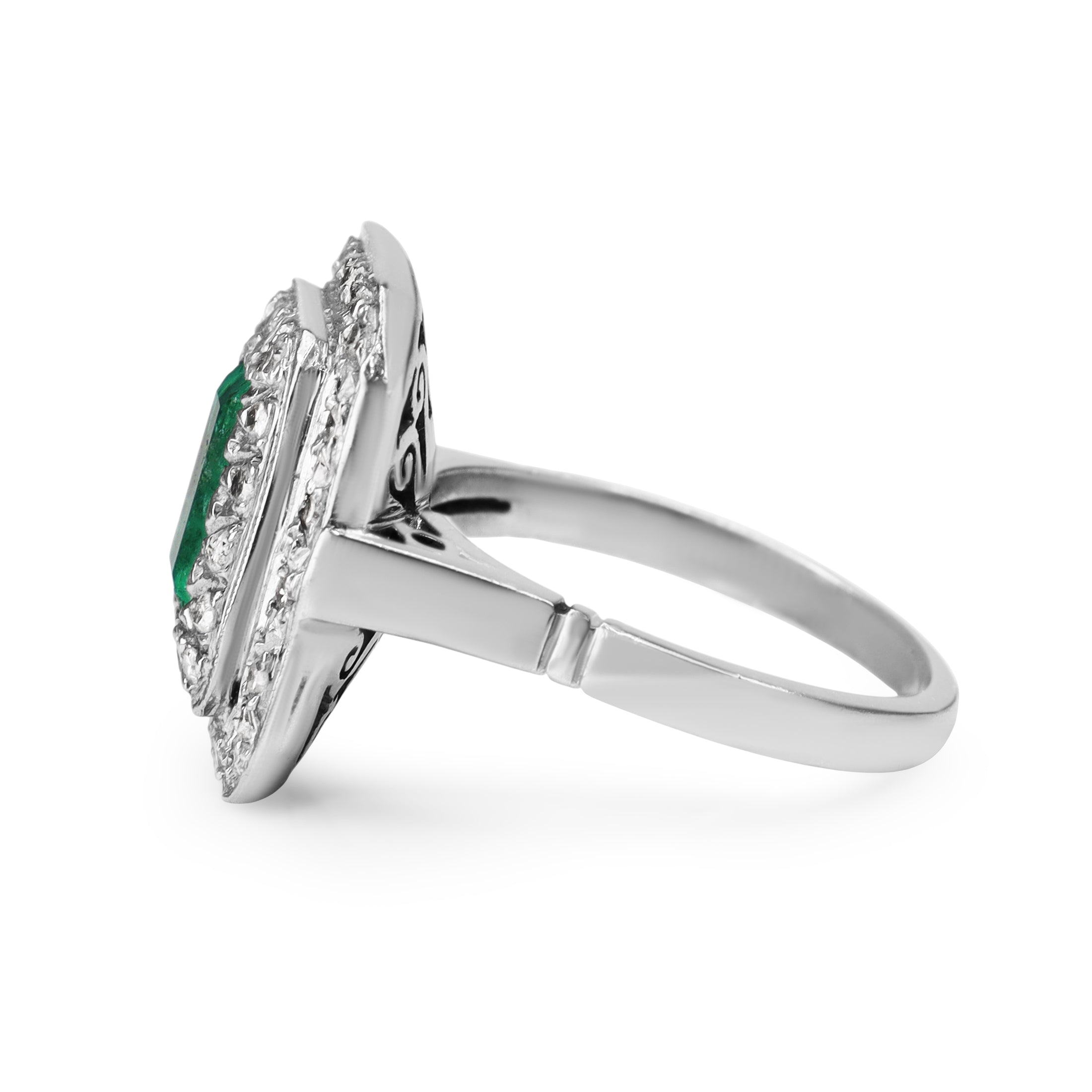 Palladium Emerald and Single Cut Diamond Double Halo Vintage Ring