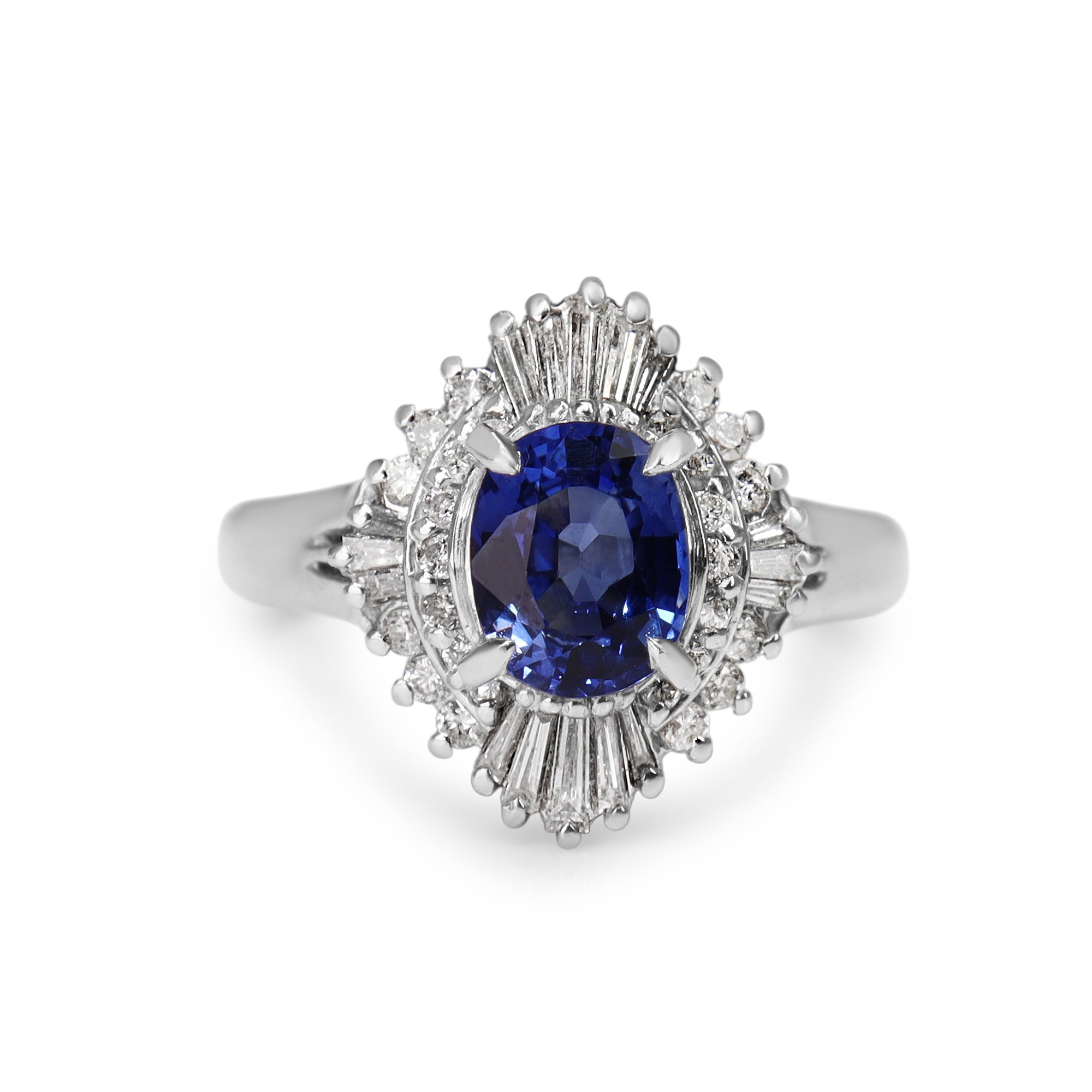 Platinum Sapphire and Diamond Halo Ballerina Ring
