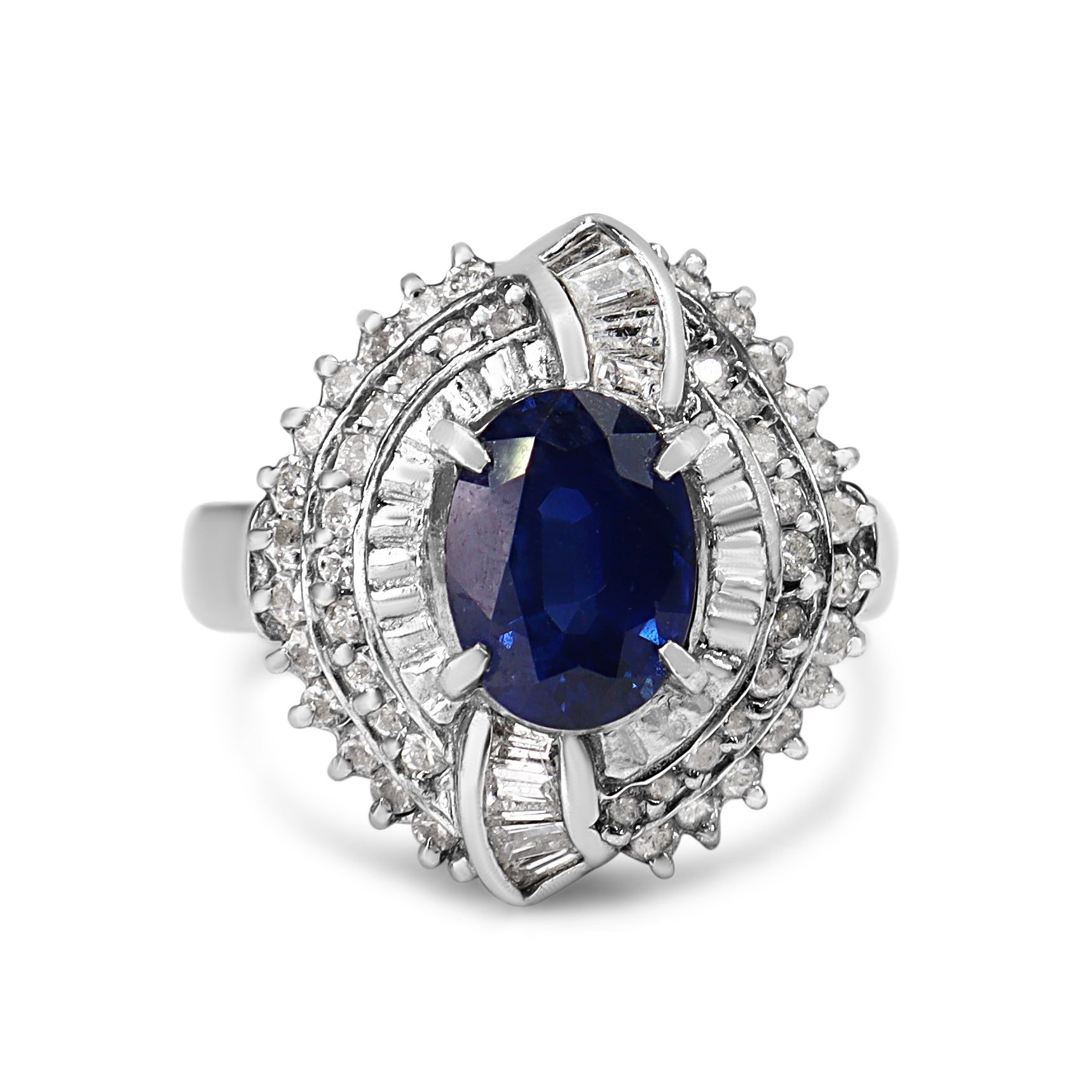 Platinum Sapphire and Round and Baguette Cluster Diamond Ring