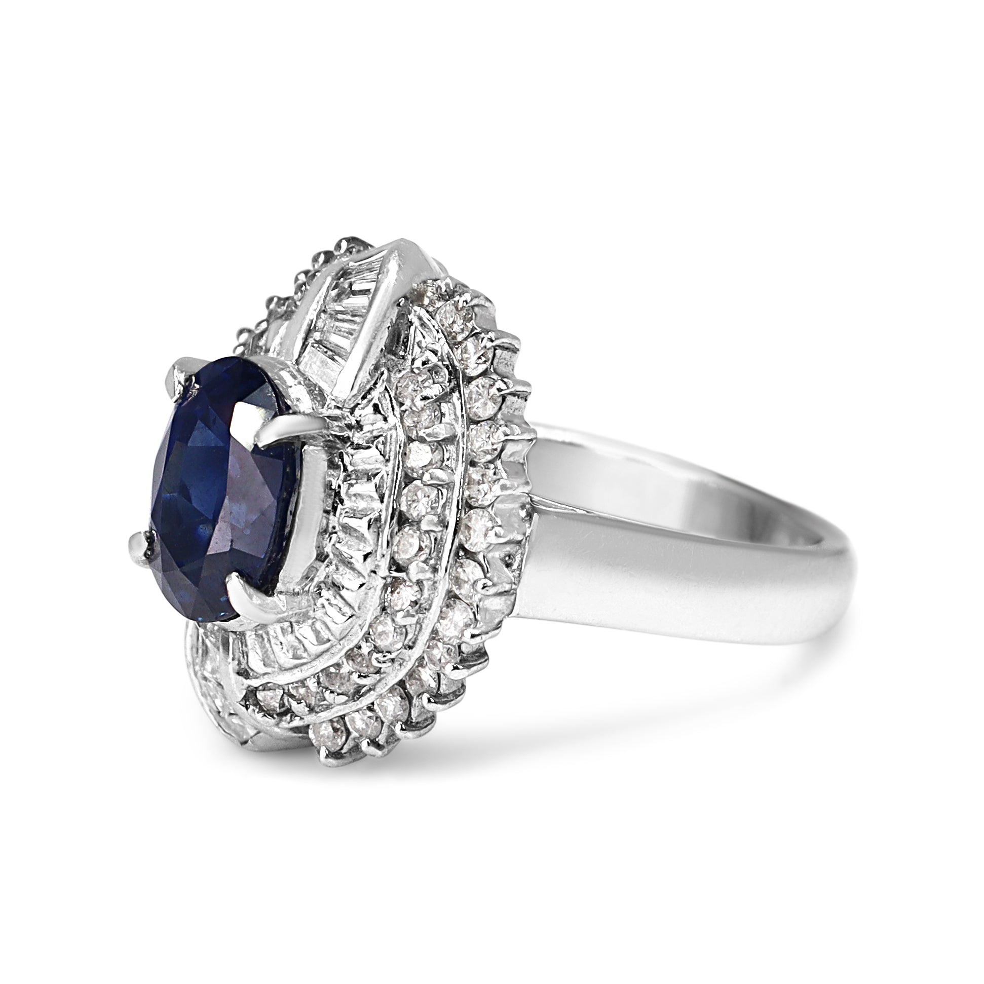Platinum Sapphire and Round and Baguette Cluster Diamond Ring