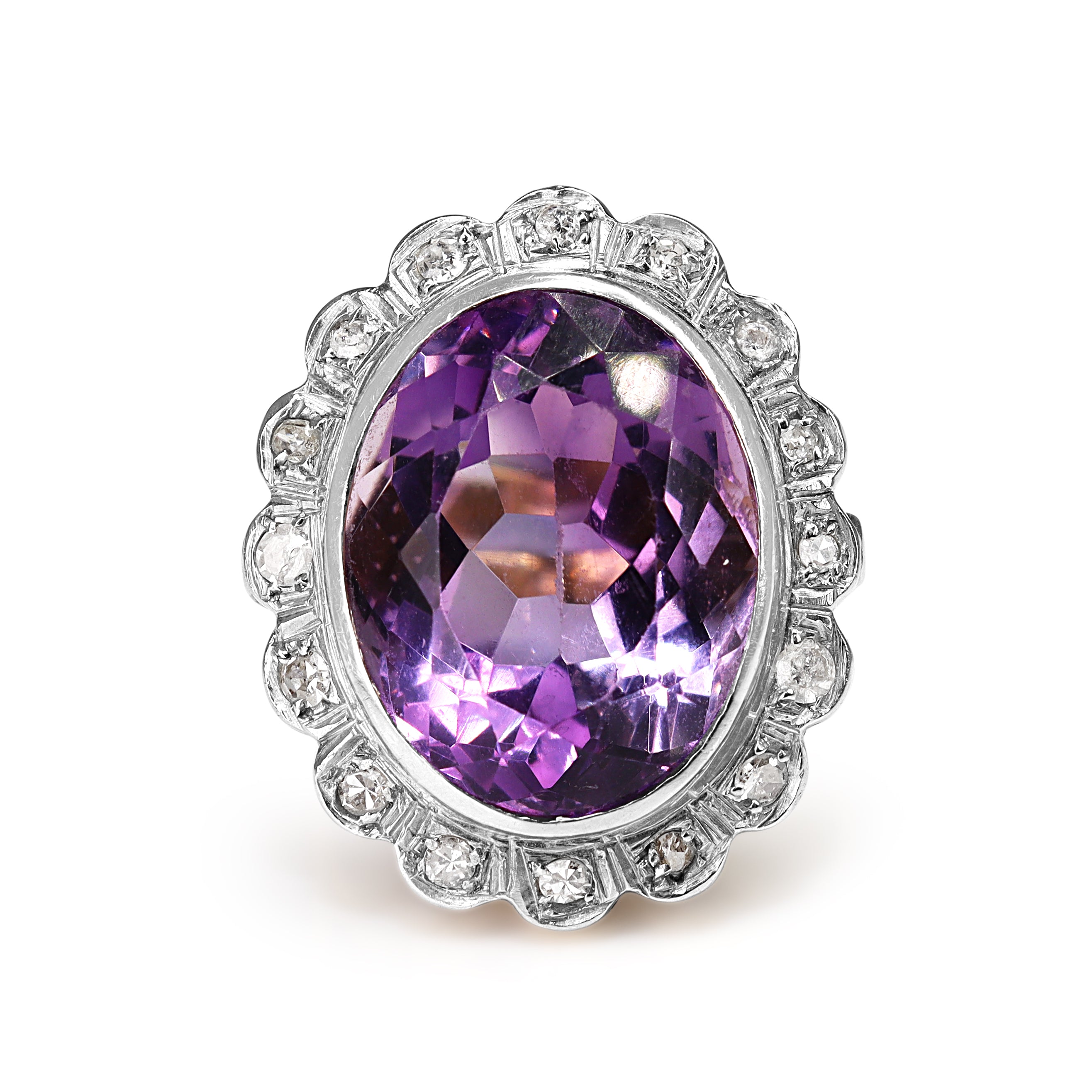 18ct Yellow and White Gold Vintage Amethyst and Single Cut Diamond Daisy Style Cocktail Ring