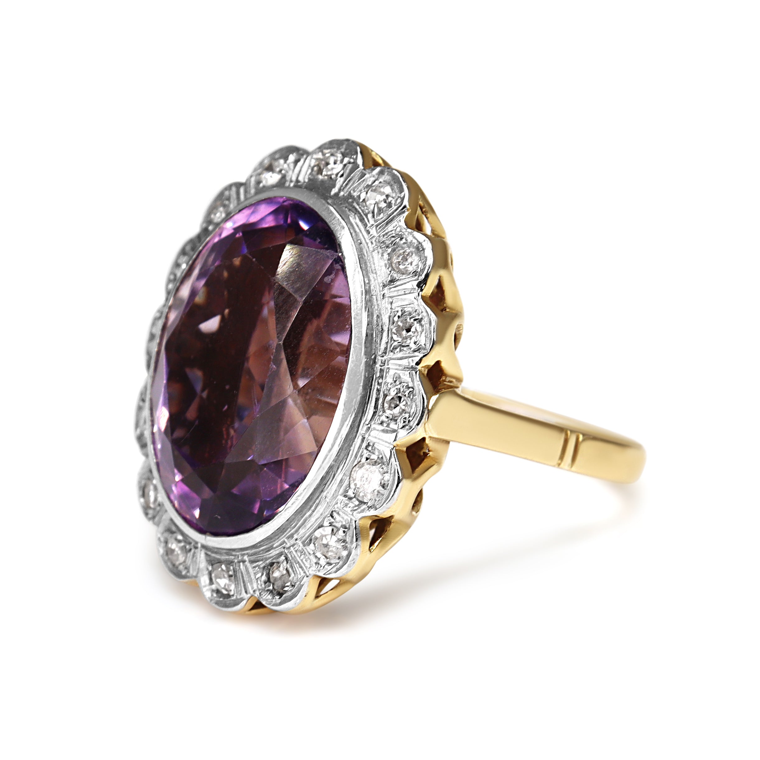 18ct Yellow and White Gold Vintage Amethyst and Single Cut Diamond Daisy Style Cocktail Ring