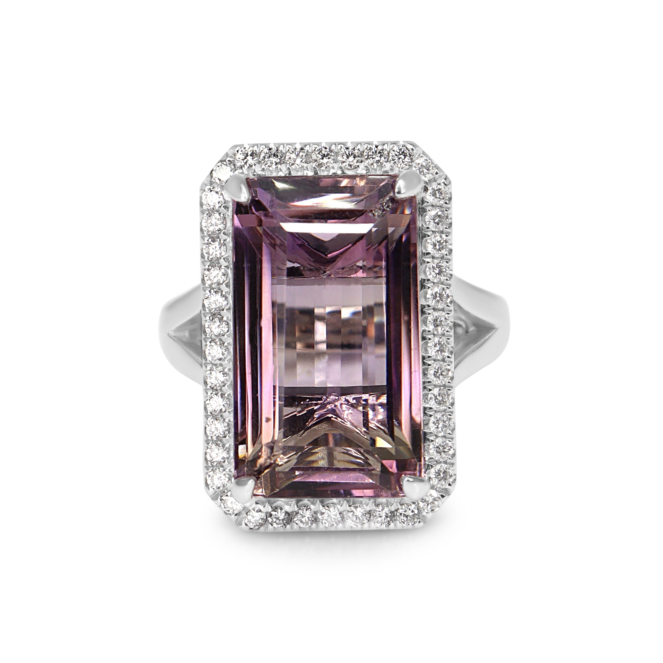 18ct White Gold Emerald Cut Amethyst and Diamond Halo Ring