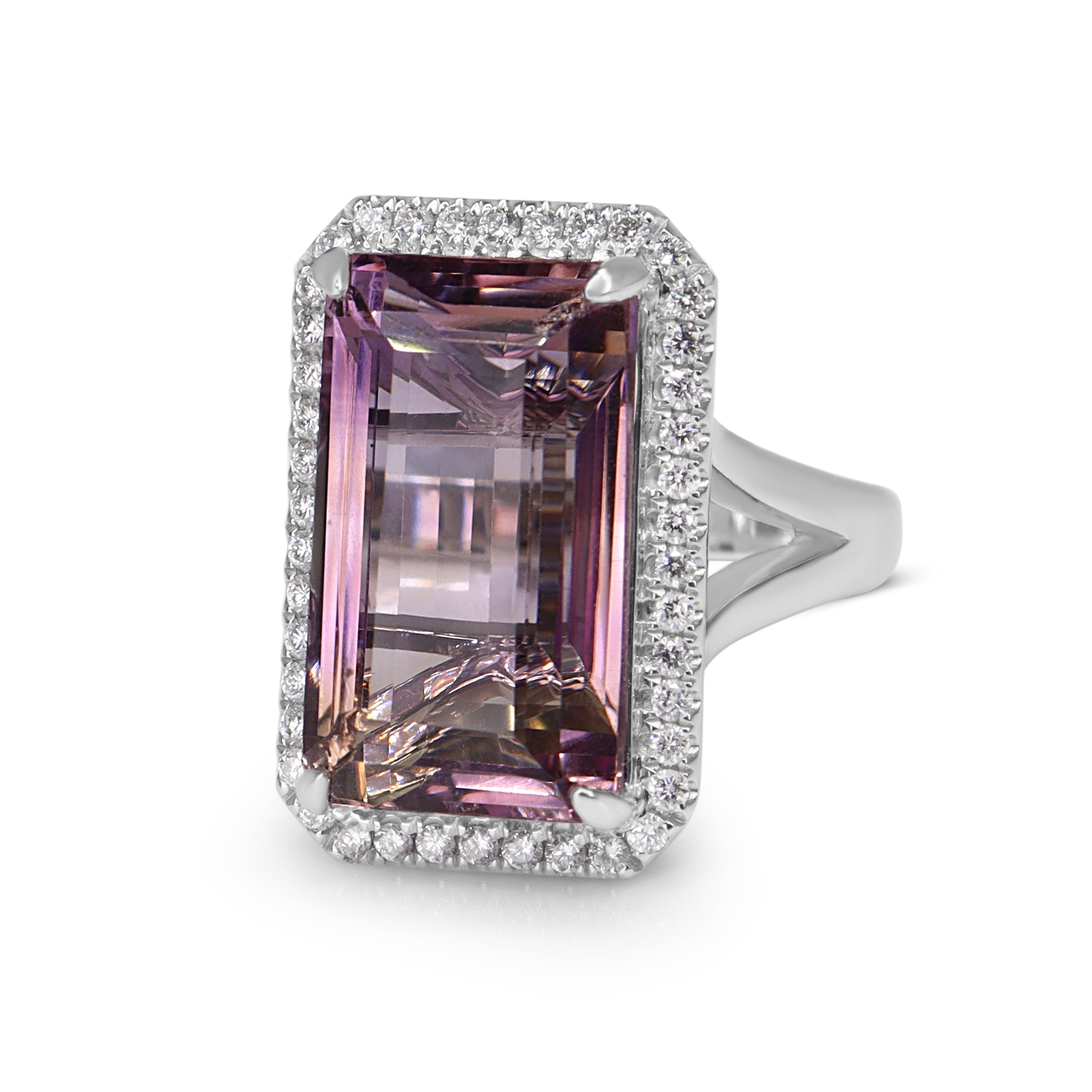 18ct White Gold Emerald Cut Amethyst and Diamond Halo Ring