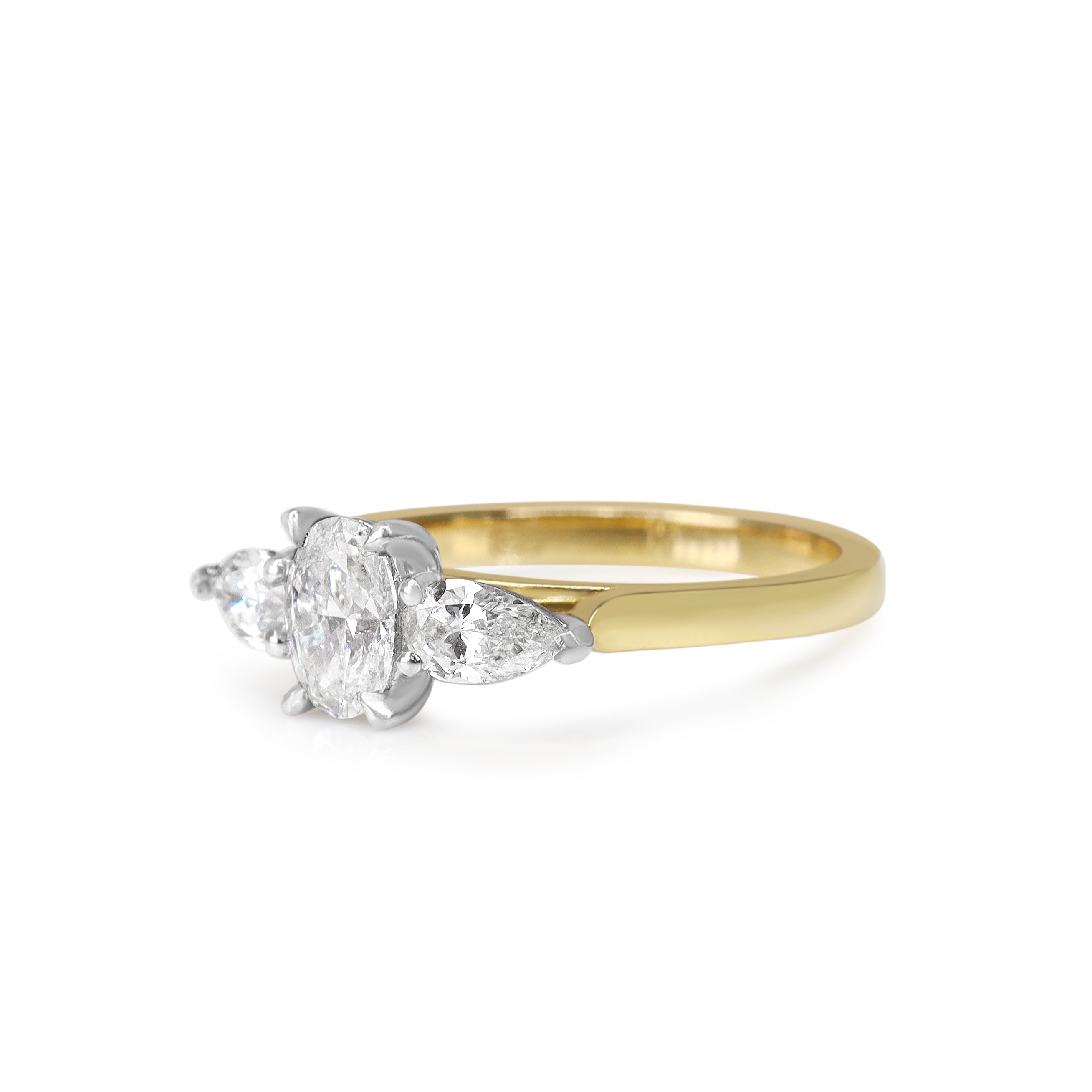 18ct Yellow and White Gold Oval and Pear Diamond 3 Stone Ring